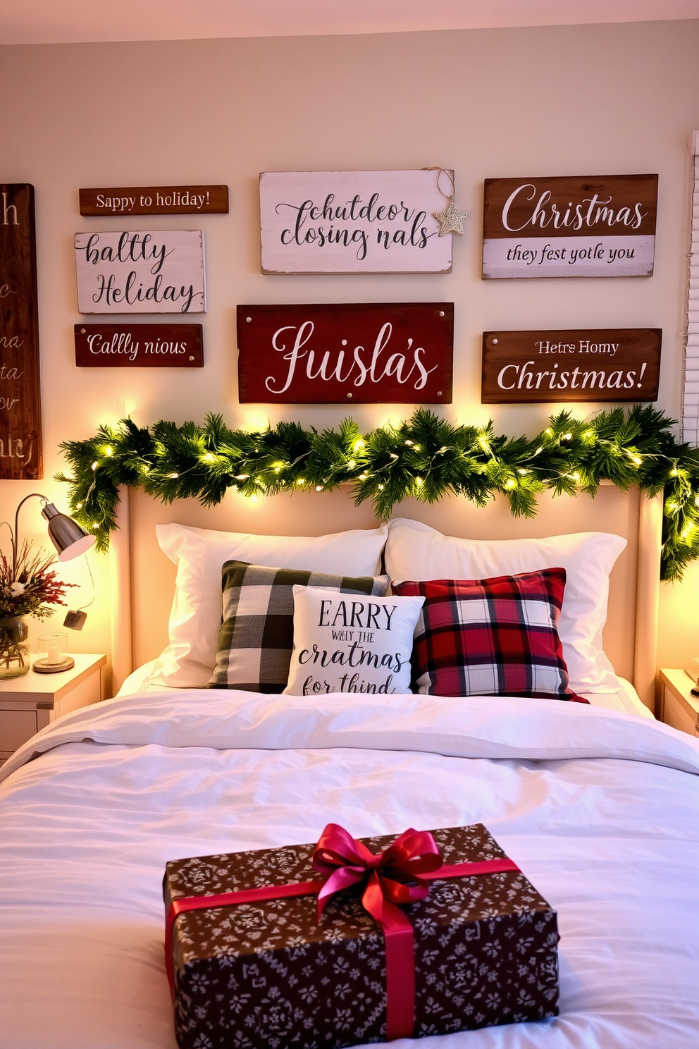 Charming holiday signs adorn the walls of a cozy bedroom. The signs feature festive messages and are beautifully arranged to create a warm and inviting atmosphere for Christmas. The room is decorated with twinkling fairy lights and a lush green garland draped over the headboard. A beautifully wrapped gift sits at the foot of the bed, adding to the holiday spirit.