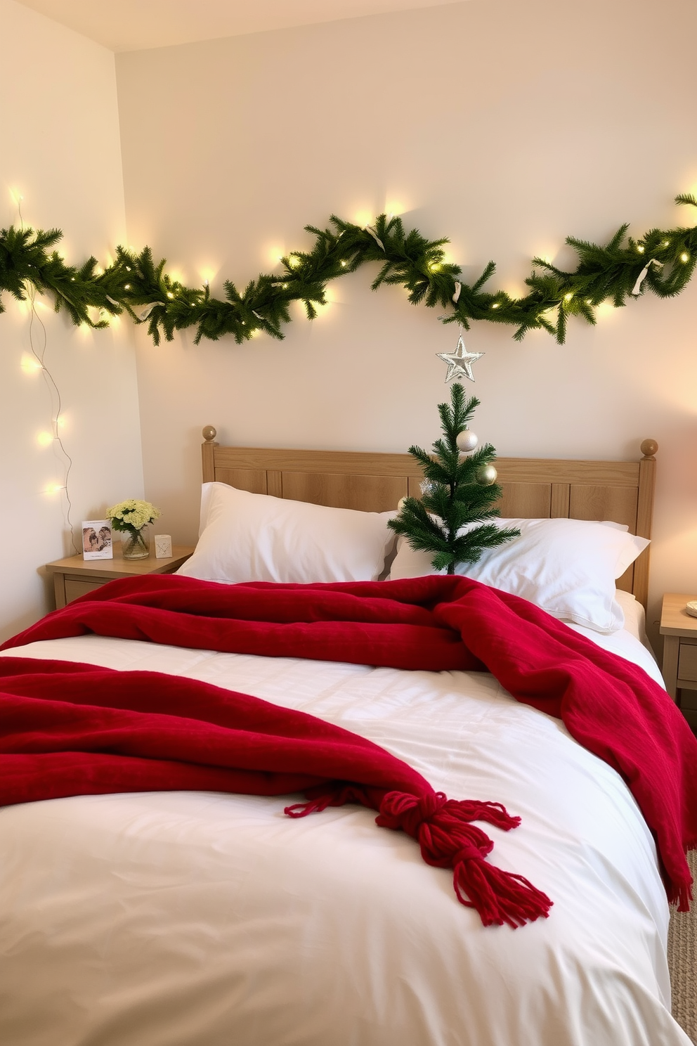 A cozy bedroom adorned for Christmas features a beautifully made bed with crisp white linens and a plush red throw blanket draped across the foot. Festive scented sachets are placed on the nightstands, filling the room with a warm and inviting aroma of cinnamon and pine. The walls are adorned with twinkling fairy lights and a garland of fresh greenery, creating a magical atmosphere. A small Christmas tree sits in the corner, decorated with delicate ornaments and topped with a shimmering star.