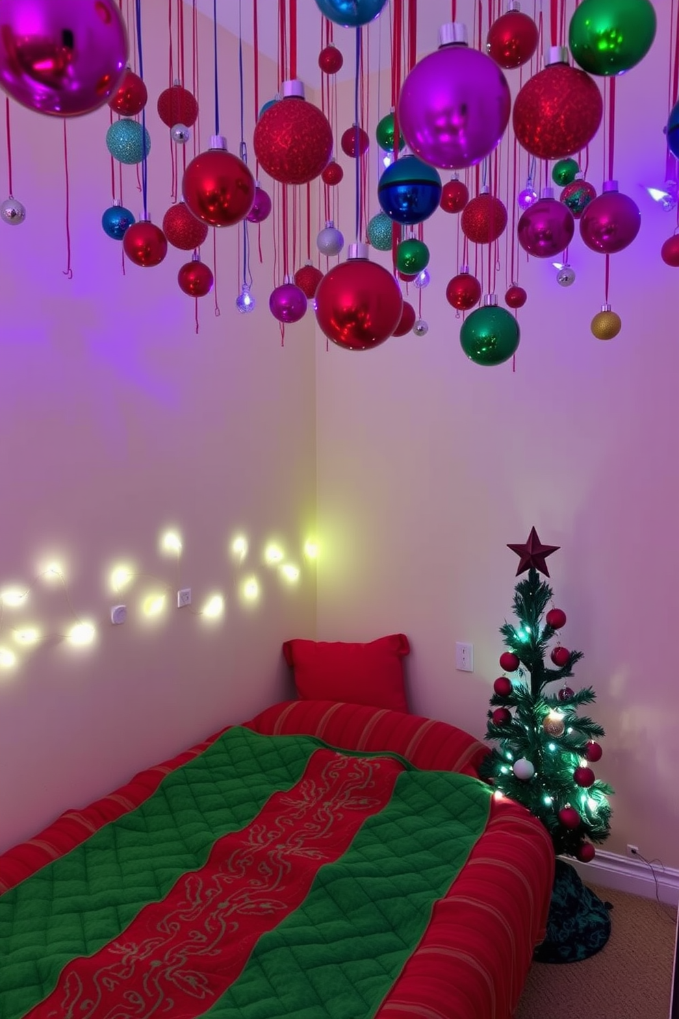 A cozy bedroom adorned with colorful ornaments hanging from the ceiling creates a festive atmosphere. The bed is covered with a plush red and green quilt, and twinkling fairy lights are draped along the headboard. The walls are painted in a soft cream color, enhancing the vibrancy of the decorations. A small Christmas tree sits in the corner, decorated with matching ornaments and a star on top.