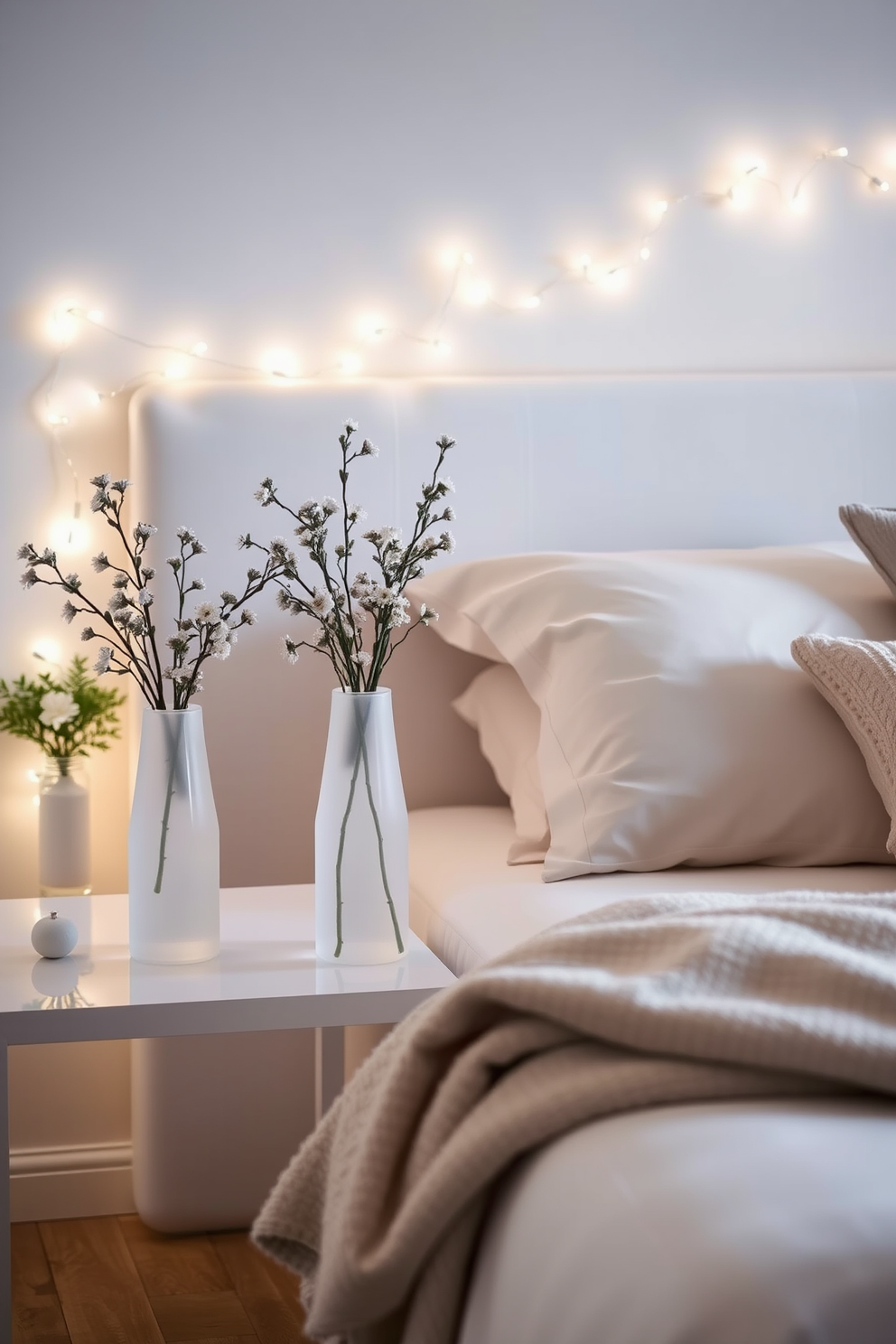 A cozy bedroom setting adorned with seasonal throw blankets neatly arranged at the foot of a plush bed. The room is decorated with subtle Christmas accents, including a small evergreen tree in the corner and twinkling fairy lights draped along the headboard.