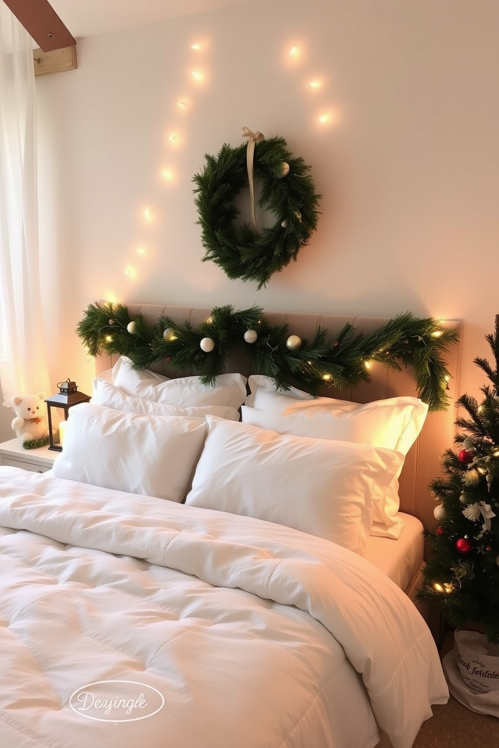 A cozy bedroom adorned with soft glow from bedside lanterns creates a warm and inviting atmosphere. The bed is dressed in plush white linens, and festive decorations include a garland draped over the headboard and a small Christmas tree in the corner.