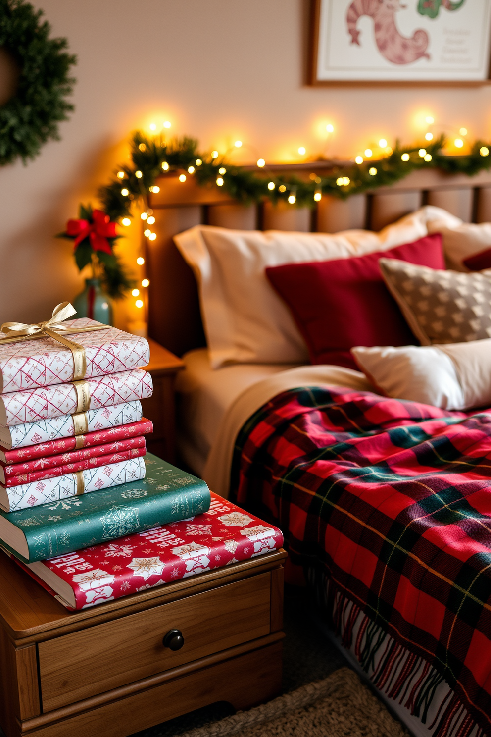 A cozy bedroom setting adorned with holiday cheer. There are stacks of beautifully wrapped books in festive paper, arranged on a wooden nightstand beside the bed. The bed is draped with a soft red and green plaid blanket, complemented by plush pillows in holiday hues. Twinkling fairy lights are strung along the headboard, creating a warm and inviting atmosphere.