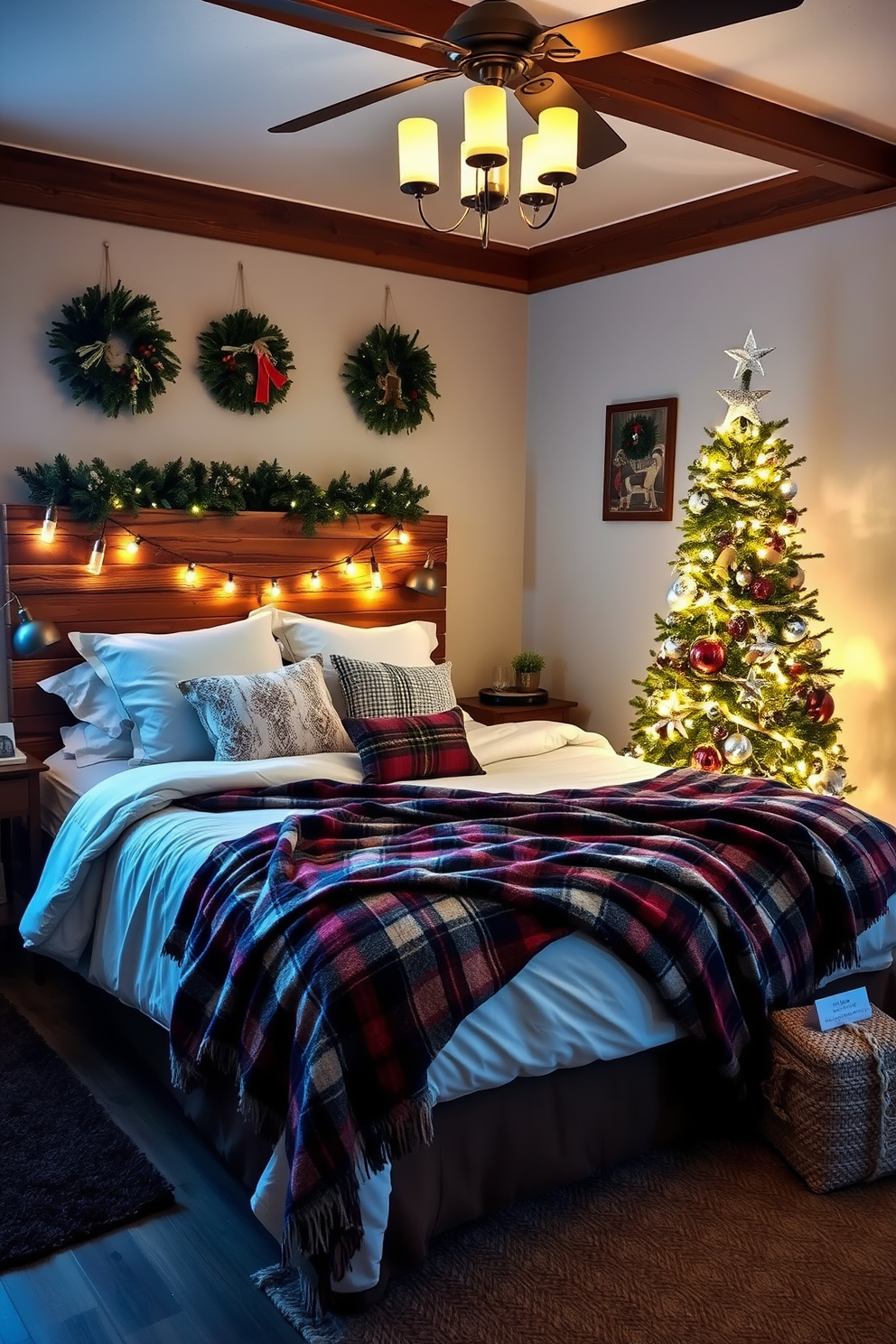 A cozy bedroom setting adorned with rustic wooden accents. The bed features a reclaimed wood headboard, draped with soft plaid blankets and fluffy pillows. Festive Christmas decorations are tastefully arranged throughout the room. A beautifully decorated tree stands in the corner, surrounded by twinkling lights and handmade ornaments.