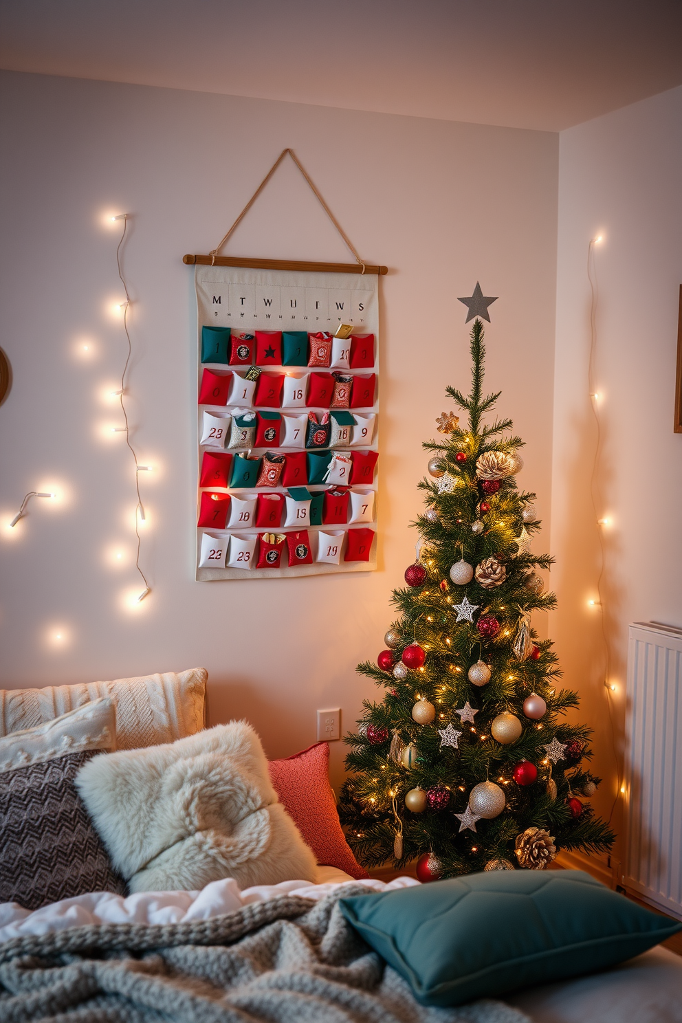 A festive bedroom adorned with a charming advent calendar hung on the wall. The calendar features colorful pockets filled with small surprises, creating a joyful atmosphere for the holiday season. Cozy decorations are scattered throughout the room, including twinkling fairy lights and plush throw pillows. A beautifully decorated Christmas tree stands in the corner, adding warmth and cheer to the space.