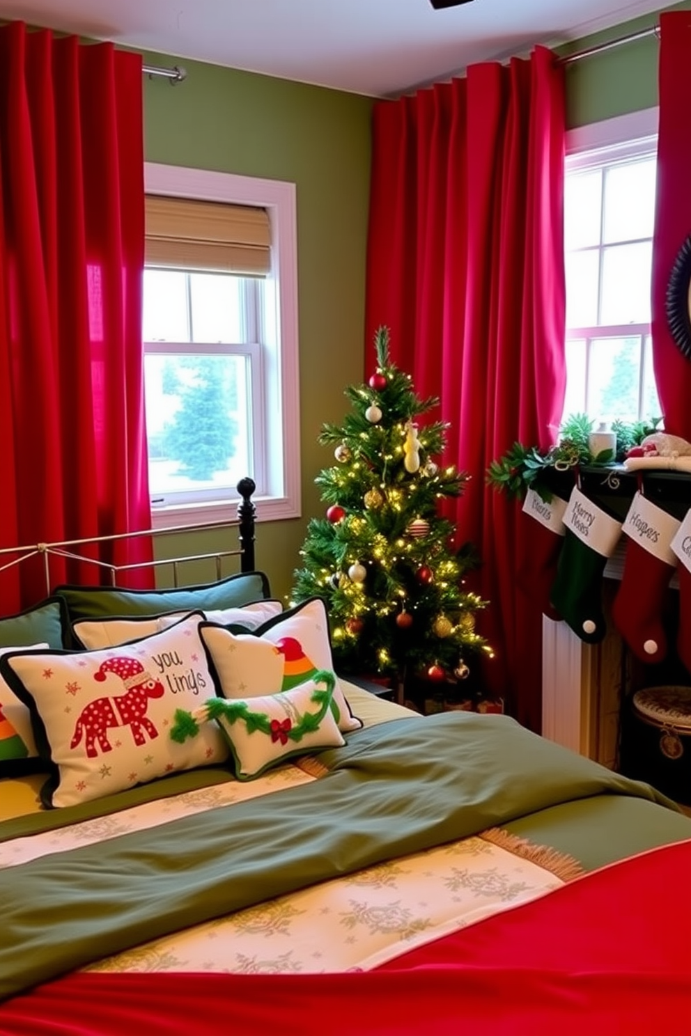 Bright red curtains frame the windows, adding a vibrant pop of color to the room. The bed is adorned with festive green and white bedding, complemented by decorative pillows featuring playful Christmas motifs. A small Christmas tree stands in the corner, decorated with twinkling lights and colorful ornaments. Stockings hang from the mantel, creating a cozy and cheerful holiday atmosphere.