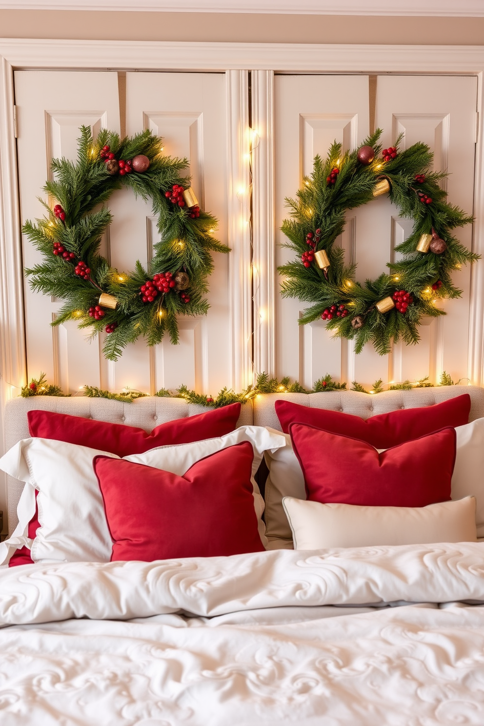 A cozy bedroom adorned with festive wreaths on the doors. Each wreath is a blend of pine branches, red berries, and golden accents, creating a warm holiday atmosphere. The bedroom features soft, neutral-colored bedding with decorative pillows in rich holiday hues. Twinkling fairy lights are draped along the headboard, adding a magical touch to the festive decor.