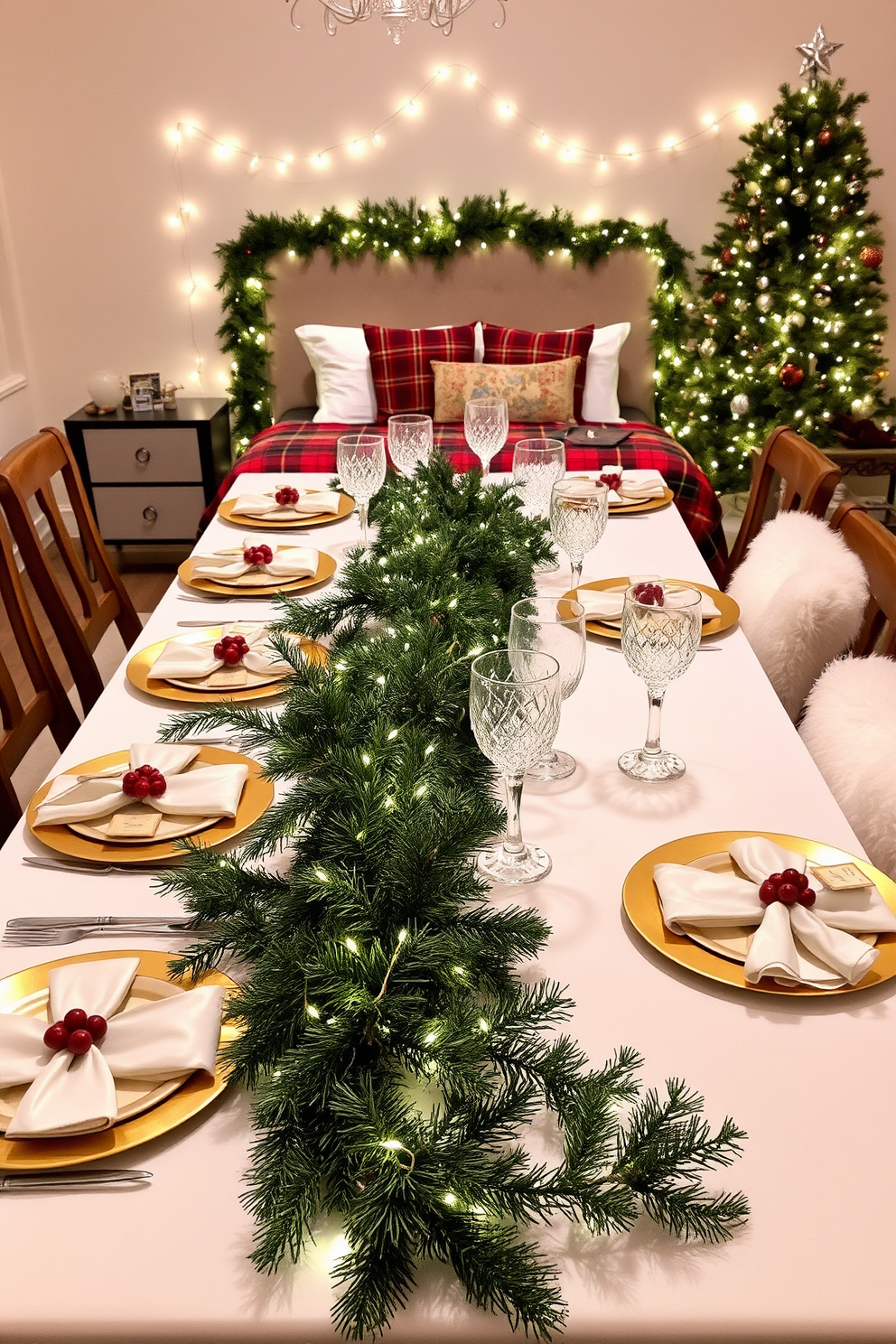 Elegant table settings with holiday touches. A long dining table is adorned with a crisp white tablecloth, featuring gold-rimmed plates and sparkling crystal glassware. Soft evergreen garlands drape along the center, interspersed with twinkling fairy lights and red berry accents. Each place setting is complemented by a festive napkin tied with a satin ribbon, creating a warm and inviting atmosphere. Bedroom Christmas Decorating Ideas. The bedroom is transformed with a plush red and green plaid duvet cover on the bed, accented by fluffy white pillows. A small Christmas tree sits in the corner, decorated with delicate ornaments and a star on top, while string lights are draped around the headboard for a cozy glow.