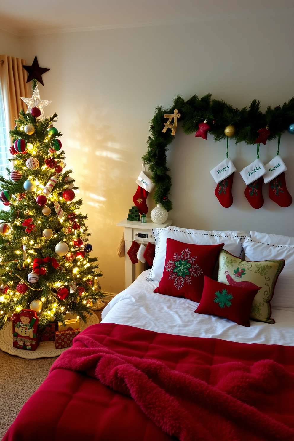 A cozy bedroom adorned for Christmas. A beautifully decorated Christmas tree stands in the corner of the room, twinkling lights and colorful ornaments creating a festive atmosphere. The bed is draped in plush red and green blankets, with decorative pillows featuring holiday motifs. Stockings are hung above a small mantel, adding warmth and charm to the space.