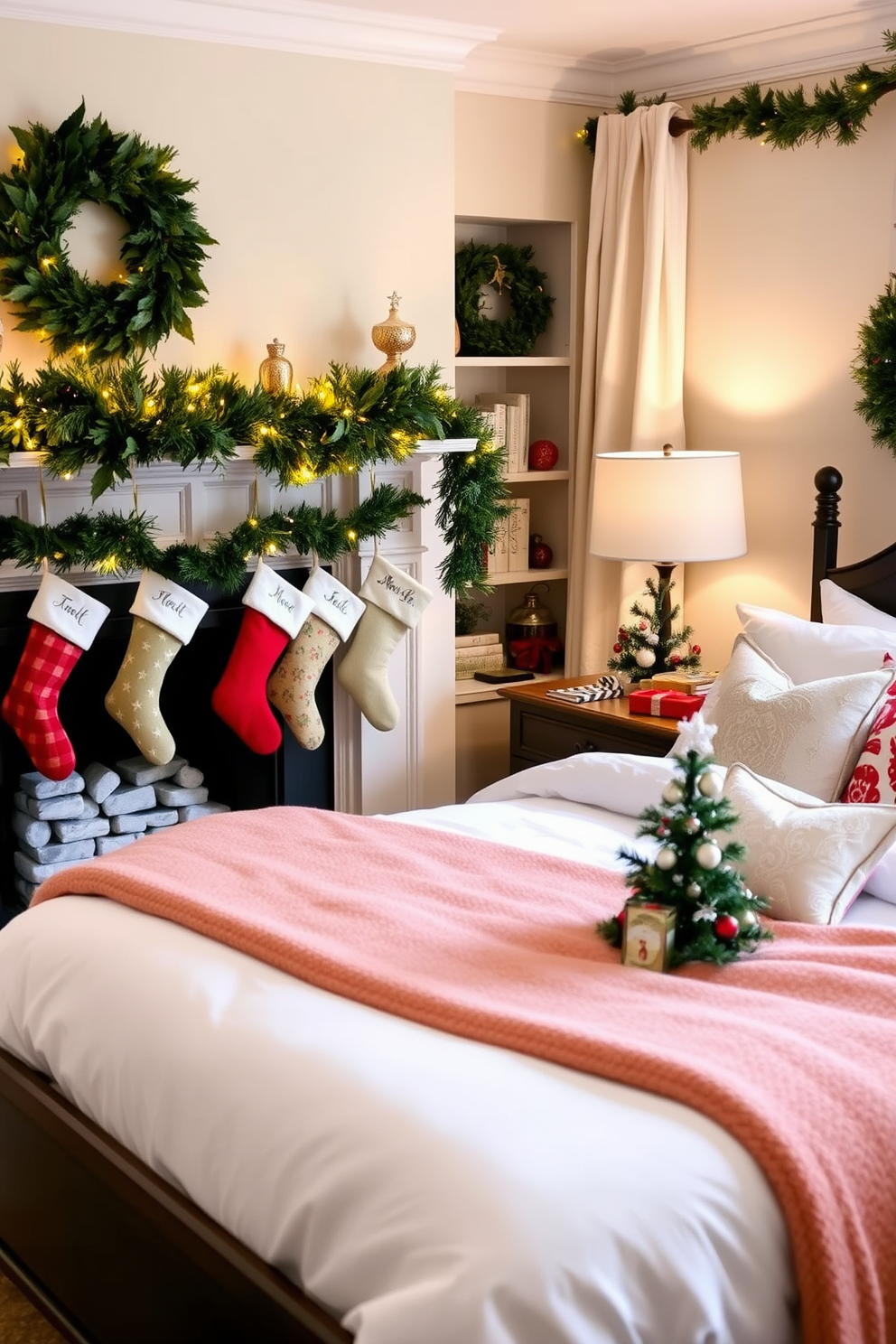 A cozy bedroom adorned with vibrant red and green throw pillows scattered across a plush white bedspread. The room features a beautifully decorated Christmas tree in the corner, twinkling with warm white lights and colorful ornaments.