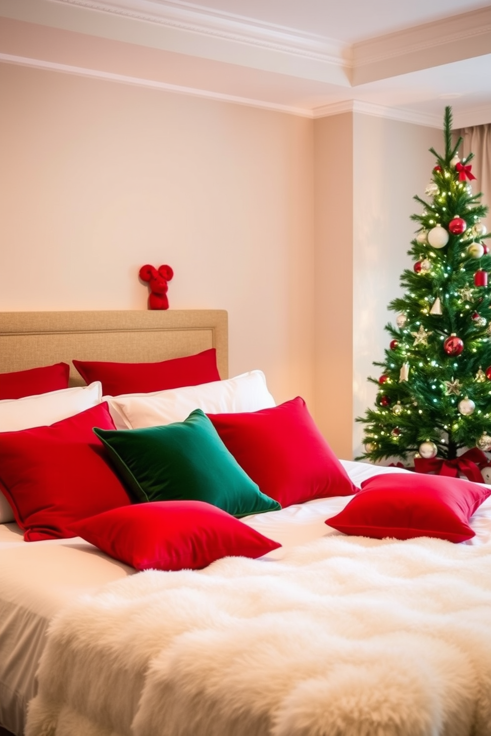 A cozy bedroom adorned with soft red and green throw pillows scattered across a plush white bedspread. The room features a beautifully decorated Christmas tree in the corner, twinkling lights illuminating the space with a warm glow.