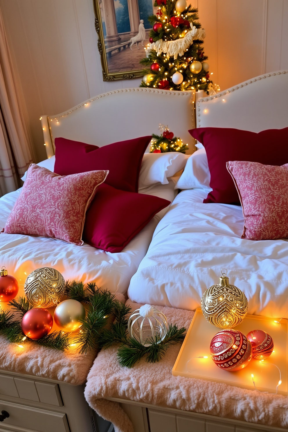 A cozy bedroom adorned for the holidays. Each nightstand features glistening ornaments in various sizes, reflecting the warm glow of nearby fairy lights. Soft, luxurious bedding is complemented by festive pillows in rich colors. A beautifully decorated Christmas tree stands in the corner, adding to the enchanting atmosphere.