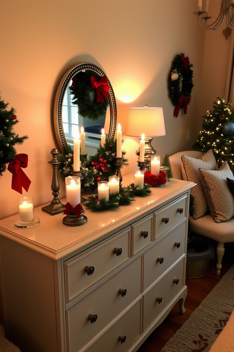 A beautifully decorated bedroom featuring a dresser adorned with festive candle holders. The warm glow of the candles creates a cozy atmosphere, complemented by Christmas-themed decorations throughout the room.