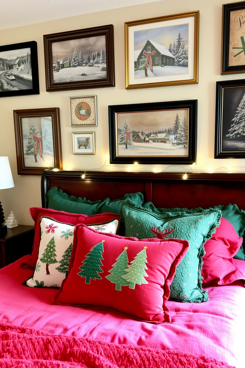 A cozy bedroom adorned with holiday-themed artwork that brings festive cheer to the space. The walls are decorated with framed prints of winter scenes and holiday motifs, creating a warm and inviting atmosphere. The bed is dressed in rich red and green bedding, complemented by plush throw pillows featuring holiday patterns. Soft fairy lights are draped around the headboard, adding a magical glow to the room.