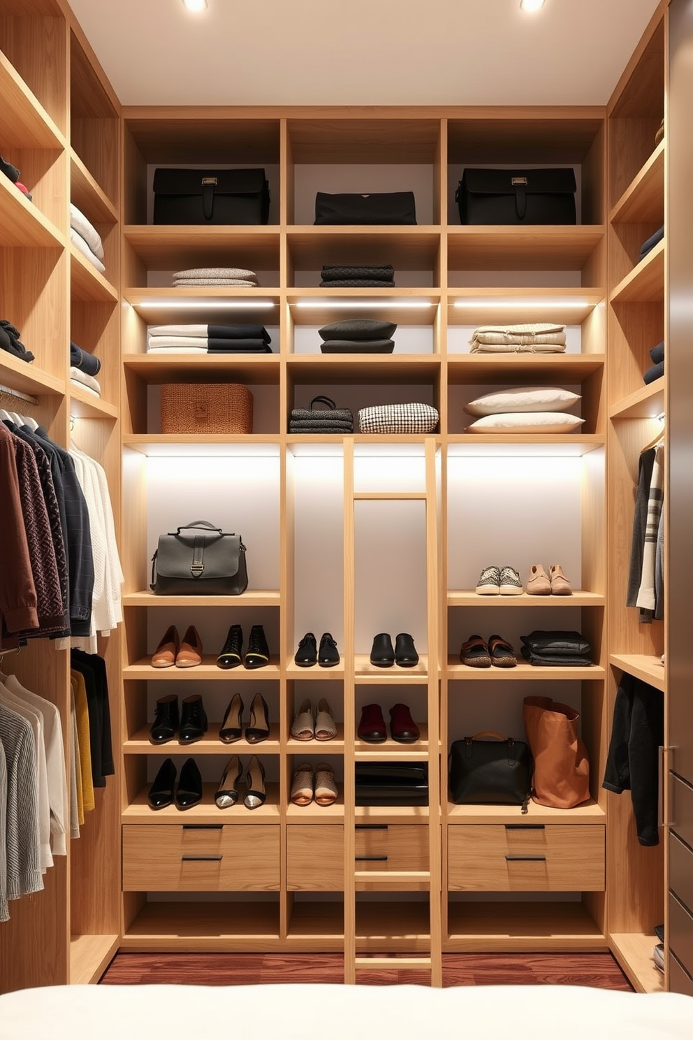 A luxurious walk-in closet featuring an island storage unit at the center. The cabinetry is crafted from rich walnut wood, with sleek gold hardware accentuating the elegant design. Soft ambient lighting illuminates the space, highlighting the organized shelves filled with designer handbags and shoes. A plush area rug adds warmth underfoot, while a full-length mirror reflects the stylish arrangement.