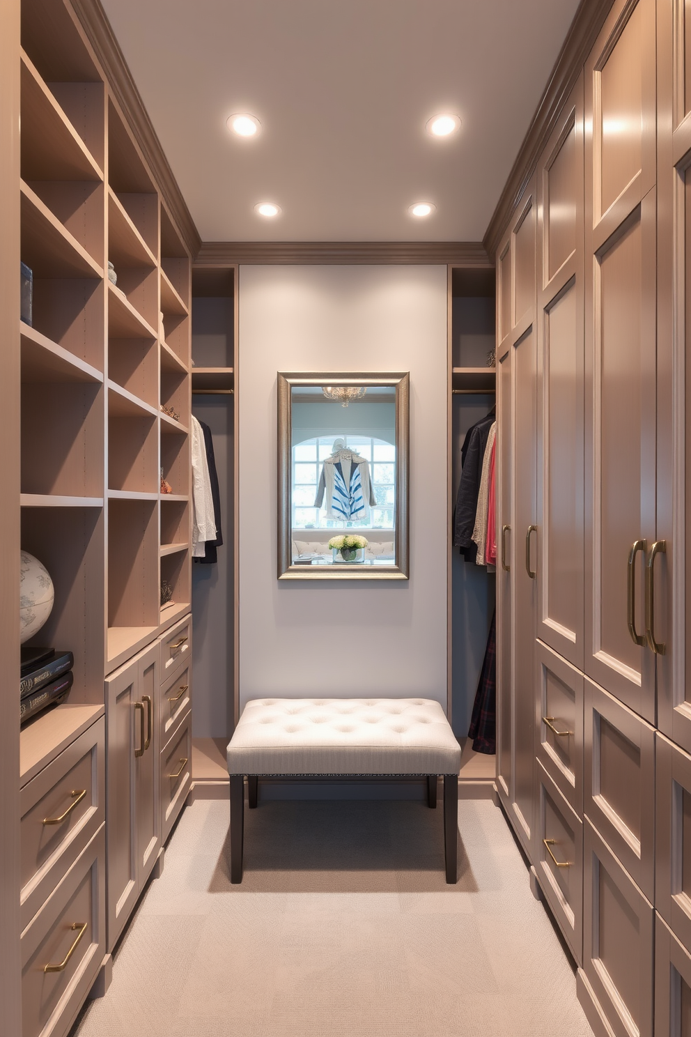 A stylish bedroom closet featuring a combination of open shelving and closed cabinetry for optimal storage. The space includes a small upholstered bench for seating, positioned near the center, with soft lighting illuminating the area. The walls are painted in a soft neutral color, creating a calming atmosphere. Elegant hardware on the cabinets adds a touch of sophistication, while a large mirror reflects the organized space, enhancing the overall design.