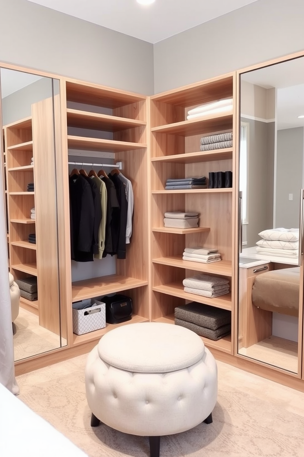 A stylish bedroom closet featuring angled shelves that maximize corner space. The shelves are made of light wood, providing a warm contrast to the soft gray walls. Incorporate a full-length mirror on one side of the closet to enhance the sense of space. A cozy seating area with a small ottoman is placed in front of the shelves for added functionality.