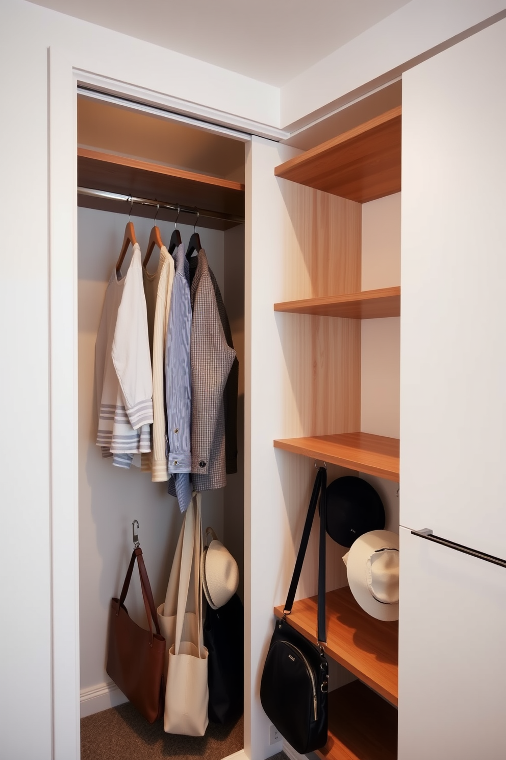 A cozy bedroom featuring under-bed storage designed to neatly hold seasonal items. The bed is elevated on a platform, allowing easy access to stylish drawers underneath, perfect for storing blankets and clothes. A spacious closet design that maximizes organization and accessibility. Custom shelving and hanging space are complemented by elegant lighting, creating an inviting atmosphere for clothing and accessories.