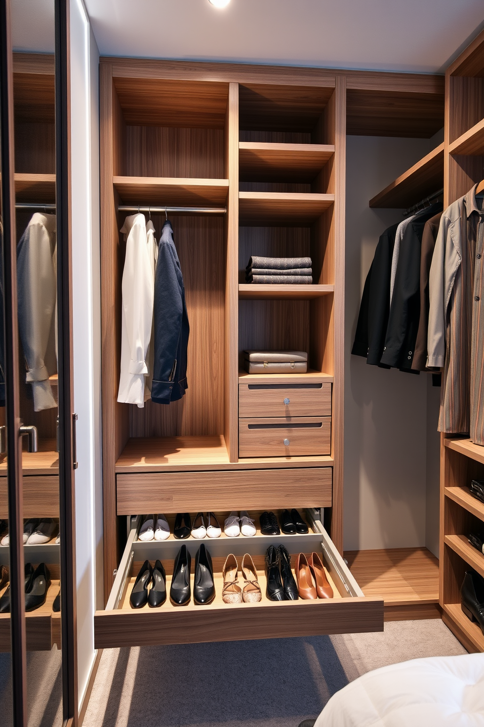 A stylish bedroom closet featuring a spacious layout with a pull-out shoe rack for easy access to footwear. The closet is designed with sleek wooden shelves and hanging rods, complemented by soft LED lighting to highlight the organized space.