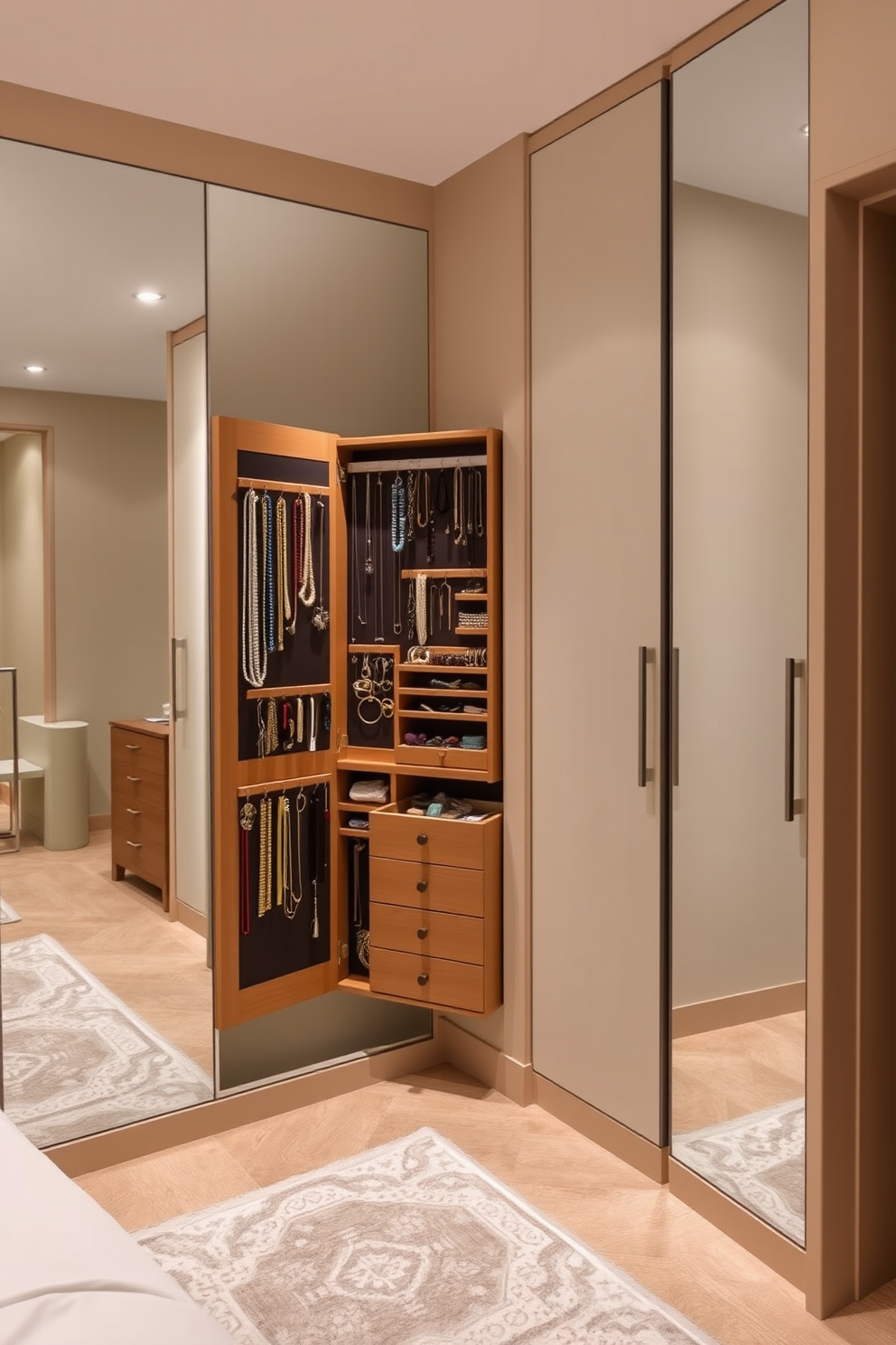 A stylish bedroom closet featuring a sleek wooden organizer designed for jewelry storage. The closet is well-lit with soft LED lights, showcasing an array of necklaces, bracelets, and rings neatly arranged within the organizer. The walls of the closet are painted in a calming beige hue, complemented by a plush area rug in a subtle geometric pattern. Floor-to-ceiling mirrors reflect the organized space, enhancing the sense of openness and elegance.