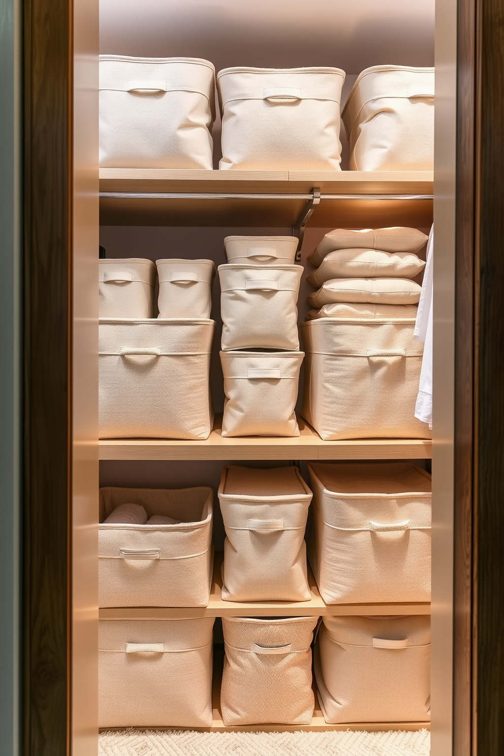 A stylish bedroom closet features fabric bins in various sizes for soft storage, neatly organized on open shelves. The closet is illuminated by warm lighting, enhancing the soft textures of the fabric and creating an inviting atmosphere.