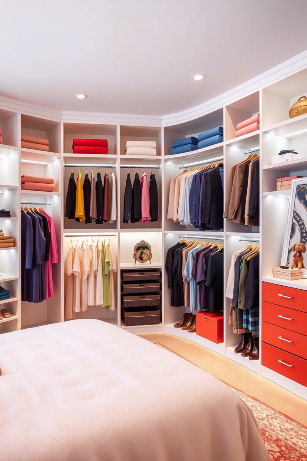 Create a spacious bedroom closet featuring a color-coded clothing system that organizes garments by hue. The design includes open shelving for easy visibility and access, along with hanging rods for dresses and suits arranged in a gradient. Incorporate soft lighting to highlight the colors and create an inviting atmosphere. Add a central island with drawers for accessories and a full-length mirror to enhance functionality and style.