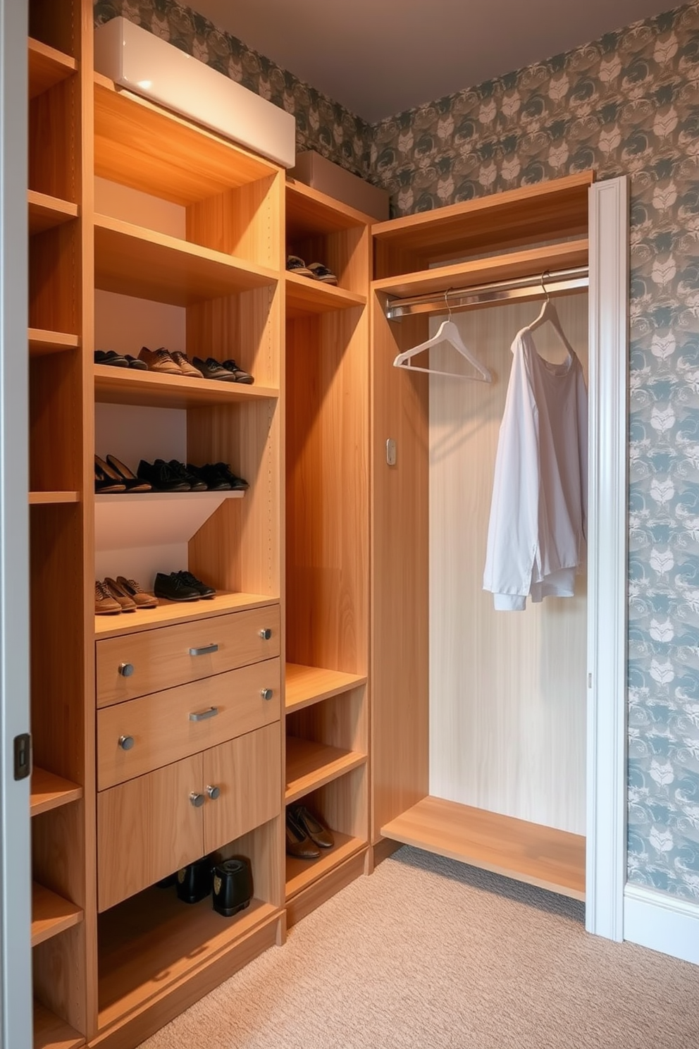 A stylish bedroom closet with a spacious layout. The walls are adorned with playful patterned wallpaper, adding a fun touch to the design. Inside the closet, there are custom shelving units made of light wood, providing ample storage for shoes and accessories. Elegant hanging rods are placed at different heights to accommodate various clothing items.