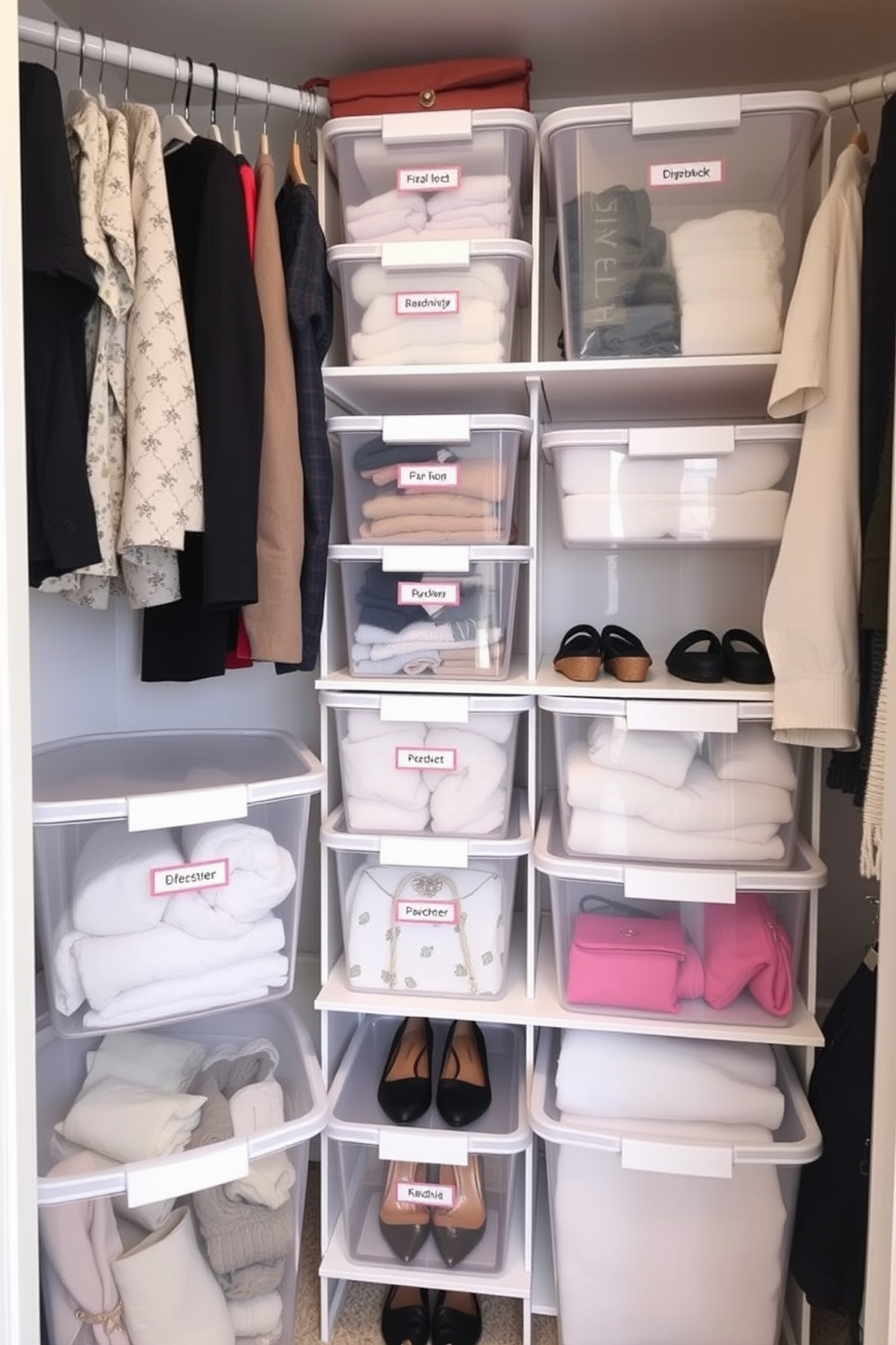 A beautifully organized bedroom closet features clear storage bins that allow easy visibility of contents. Each bin is labeled for quick access, ensuring a streamlined and efficient storage solution. The closet is designed with adjustable shelving to accommodate various items, from shoes to handbags. Soft lighting illuminates the space, highlighting the neatly arranged clothing and accessories.