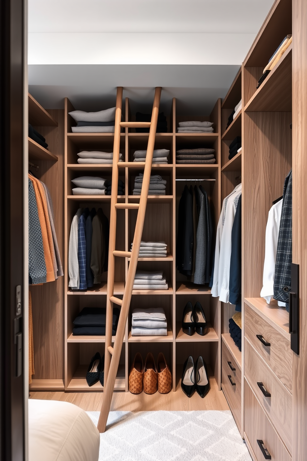 A stylish bedroom closet featuring a sleek wooden ladder for high storage access. The closet is organized with a mix of open shelving and closed cabinetry, showcasing neatly folded clothes and stylish accessories.