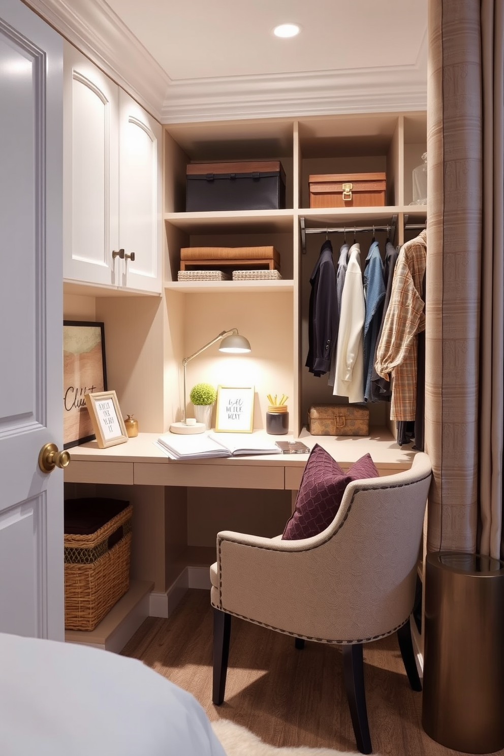 A sleek modern bedroom closet features clean lines and a neutral color palette. The space is designed with open shelving, allowing for easy access to clothing and accessories while maintaining a minimal clutter aesthetic. Incorporated into the design are sliding glass doors that provide a seamless transition between the closet and the bedroom. Soft lighting highlights the organized layout, creating an inviting and functional storage solution.