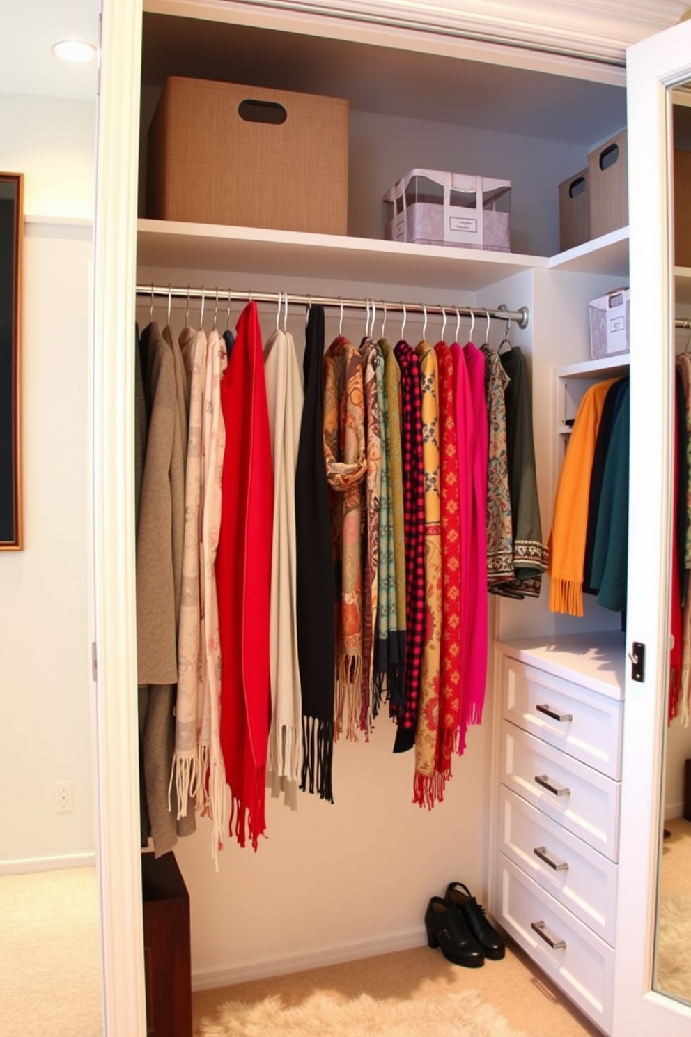 A stylish bedroom closet featuring a tension rod elegantly displaying a variety of colorful scarves. The closet is organized with built-in shelves and drawers, creating a functional yet aesthetically pleasing space.