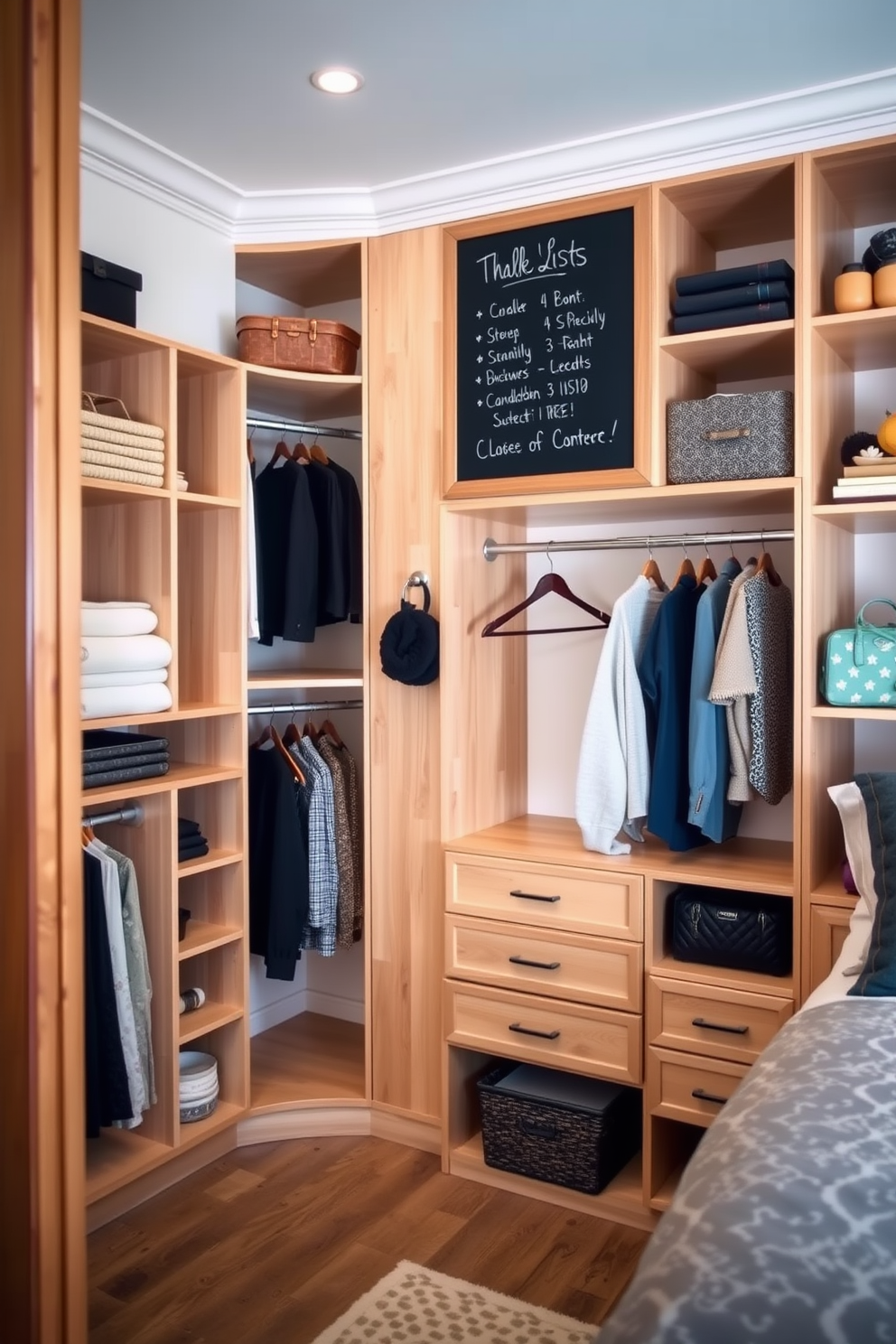 A stylish bedroom closet featuring a large chalkboard mounted on the wall for lists and notes. The closet is organized with built-in shelves, hanging rods, and drawers, all in a light wood finish that complements the room's decor.