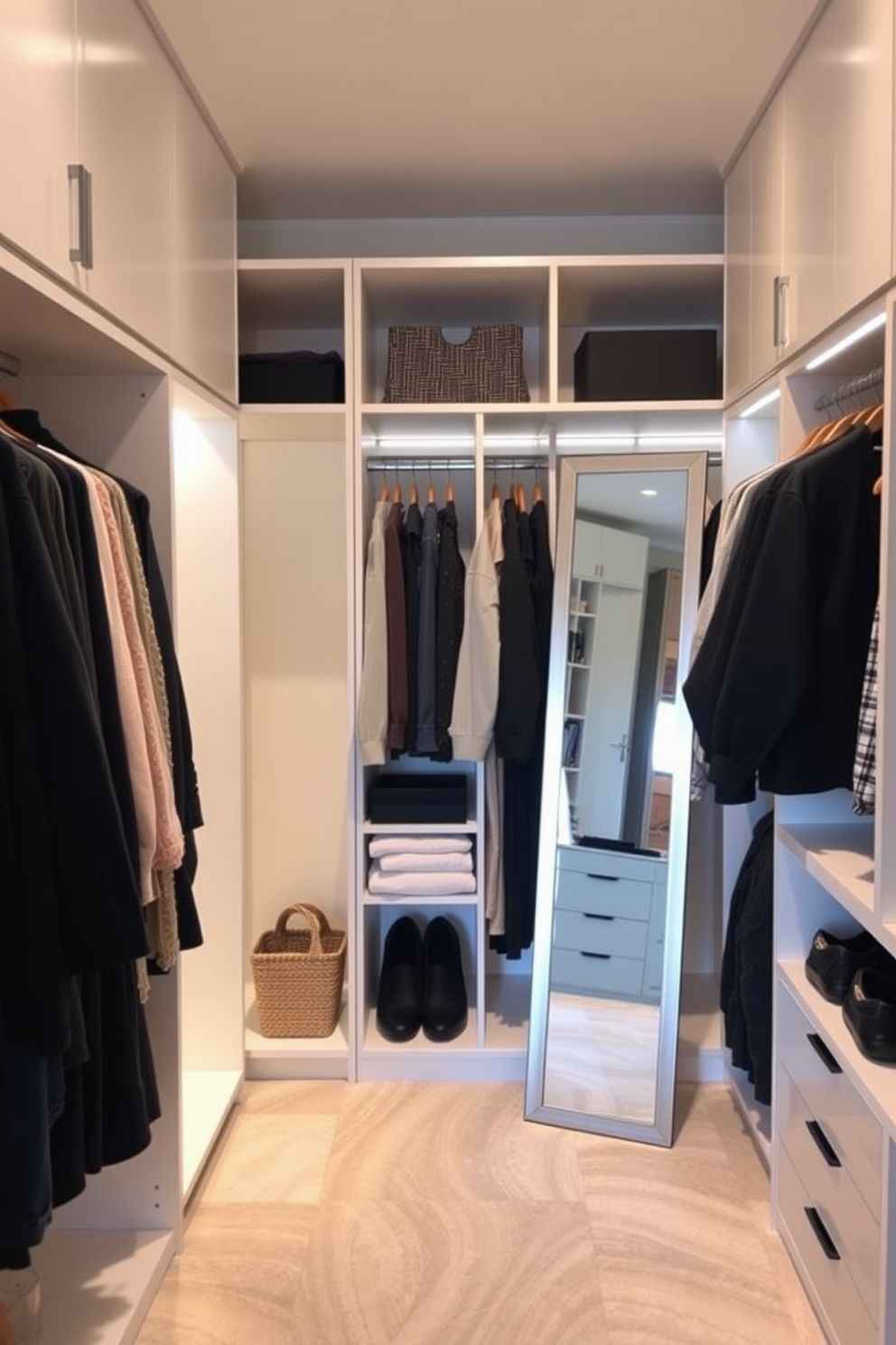 A stylish bedroom closet designed for seasonal clothing rotation. The space features custom shelving and hanging rods, allowing for organized storage of clothes by season. Soft lighting illuminates the closet, highlighting a mix of open and closed storage options. A full-length mirror is strategically placed to enhance functionality and create a sense of space.