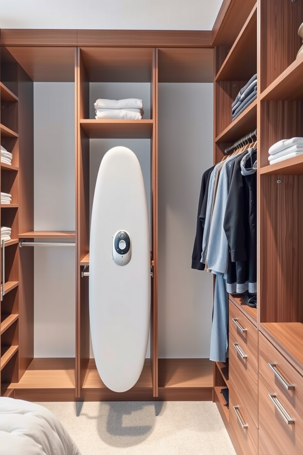 A modern bedroom closet design featuring a fold-down ironing board integrated into the cabinetry. The closet is spacious with custom shelving, hanging rods, and a warm wood finish, creating an organized and stylish space.