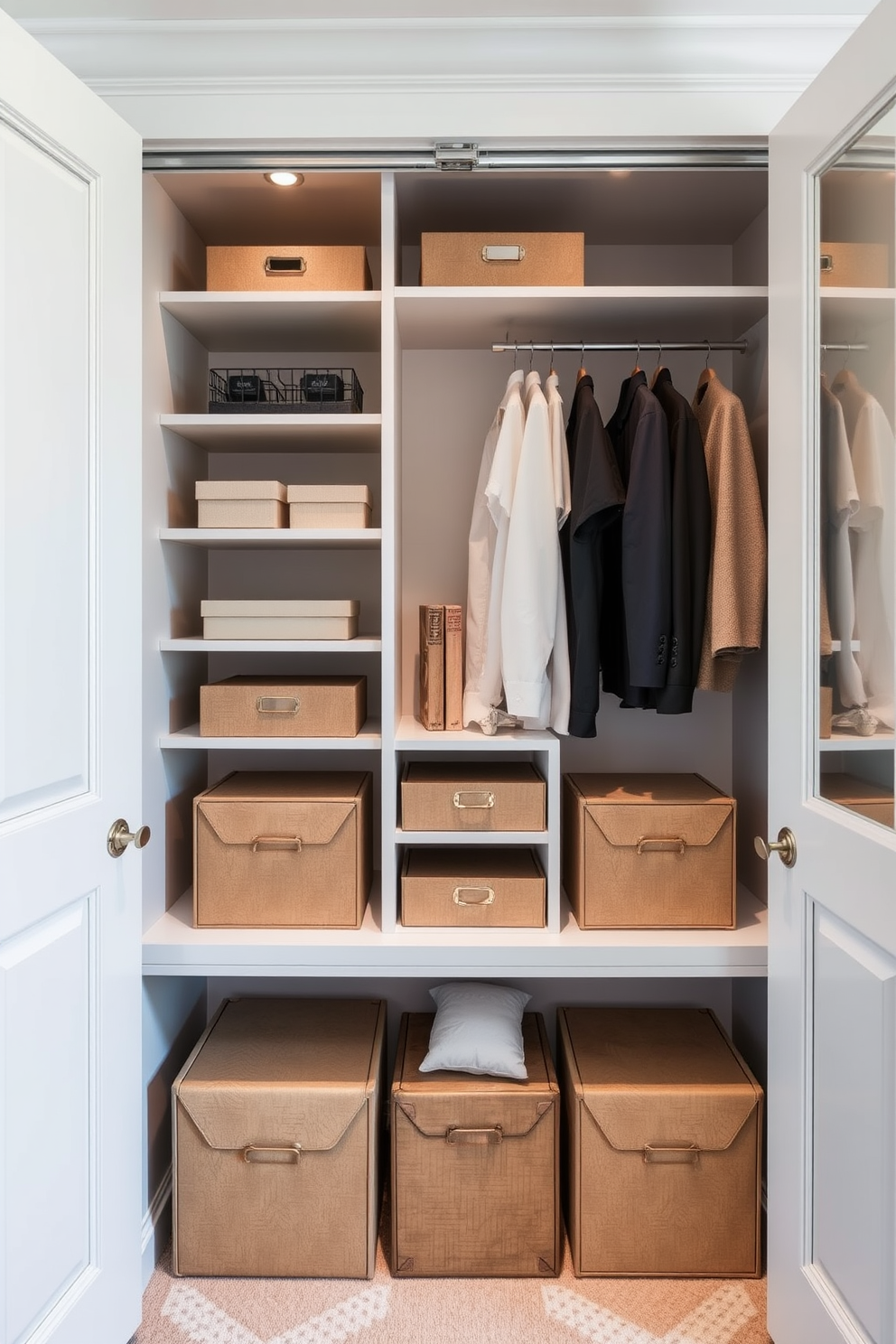 A stylish bedroom closet designed with decorative boxes for hidden storage. The closet features built-in shelving and hanging space, with elegant boxes that blend seamlessly into the decor.