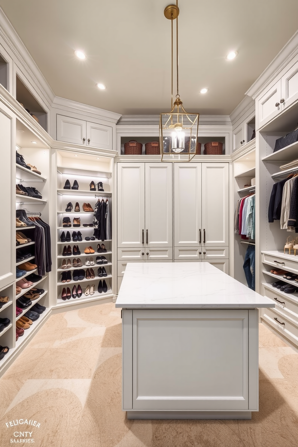 A luxurious bedroom closet featuring a central island for added storage and organization. The island is topped with a smooth quartz surface and surrounded by custom cabinetry in a soft white finish. On one side of the island, there are neatly arranged shelves displaying an array of shoes and accessories. The walls are adorned with a calming light gray hue, and elegant pendant lights hang from the ceiling, illuminating the space beautifully.