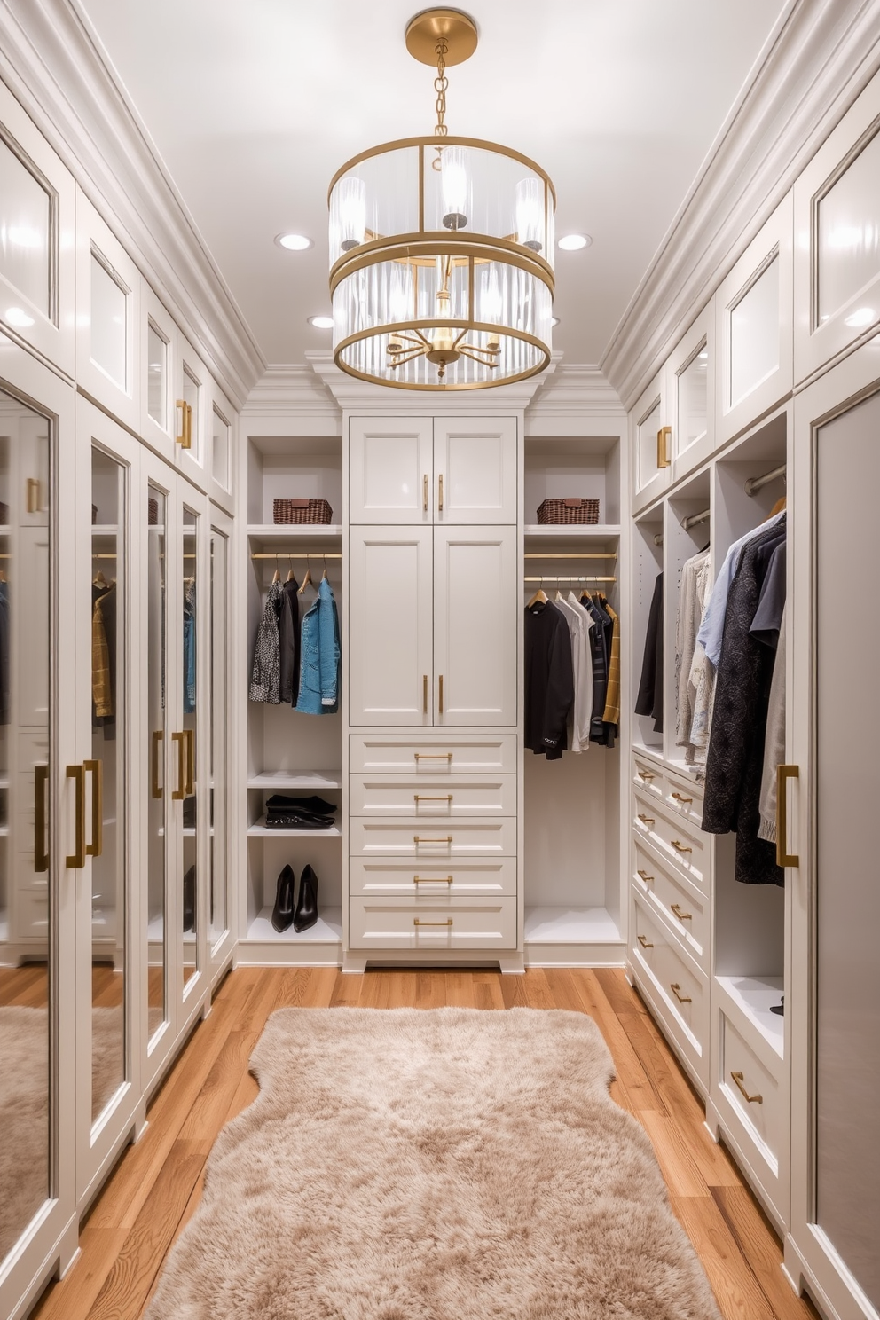 A stunning bedroom closet design featuring a spacious layout with custom cabinetry. The closet is illuminated by a statement light fixture that adds elegance and sophistication to the space. The cabinetry is finished in a soft white, complemented by brass hardware for a touch of luxury. A plush area rug lies underfoot, and the closet is organized with hanging sections, shelves, and drawers for optimal storage.