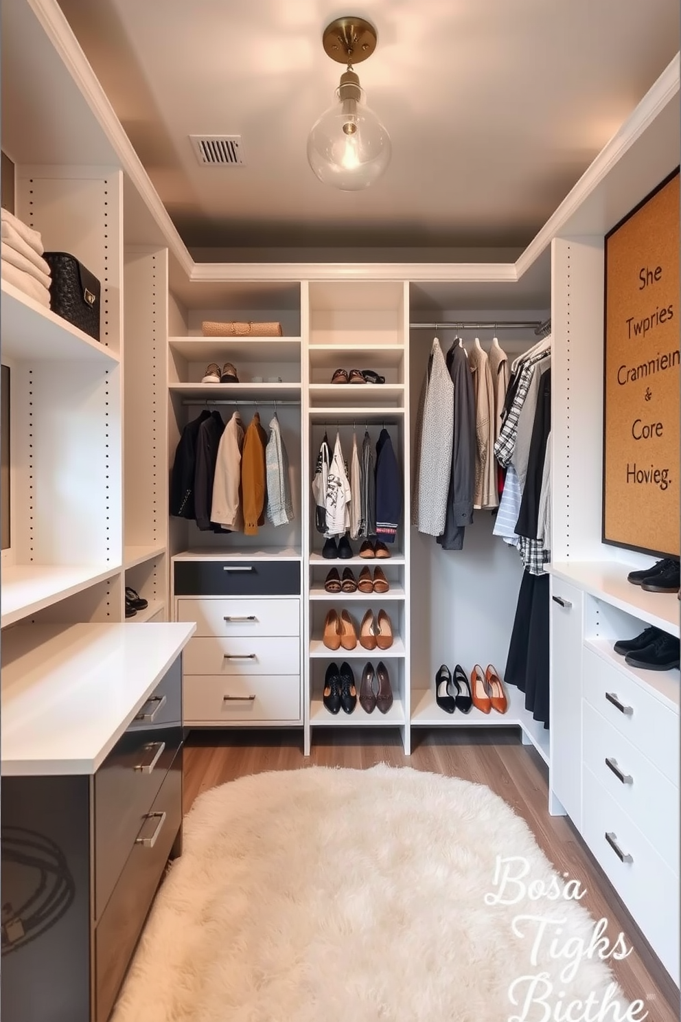 A modern bedroom closet featuring a spacious layout with custom shelving and hanging space. The walls are painted in a soft gray, and the floor is adorned with a plush area rug for added comfort. Incorporate a corkboard on one wall for inspiration, allowing for easy organization of notes and style ideas. Elegant lighting fixtures illuminate the space, highlighting the neatly arranged shoes and accessories.