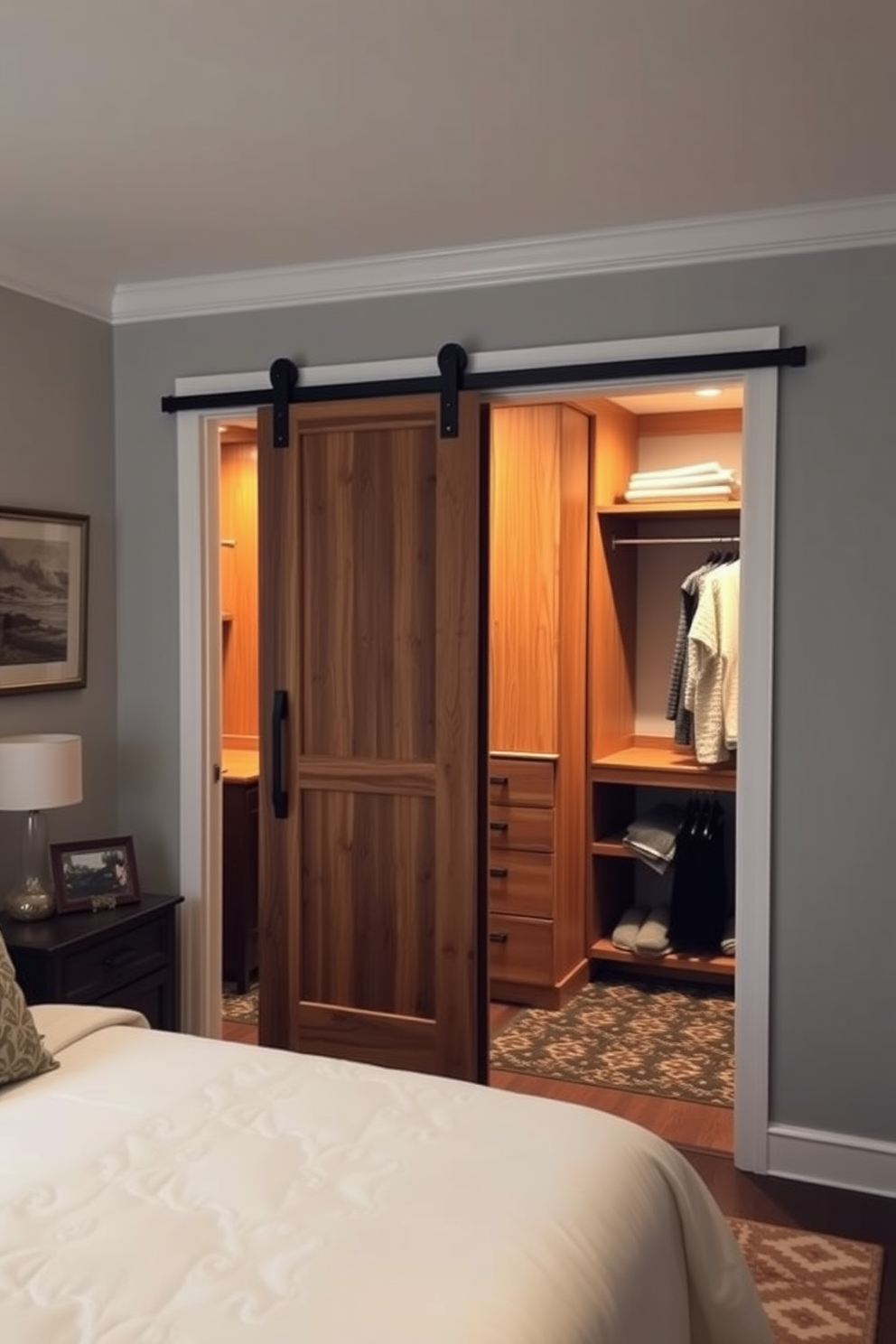 A cozy bedroom featuring a spacious closet with a sliding barn door. The closet is designed with open shelving and hanging space, complemented by soft lighting that enhances the warm wood tones. The barn door adds a rustic charm while providing easy access to the closet. The bedroom decor includes a plush bed with decorative pillows and a stylish area rug that ties the room together.