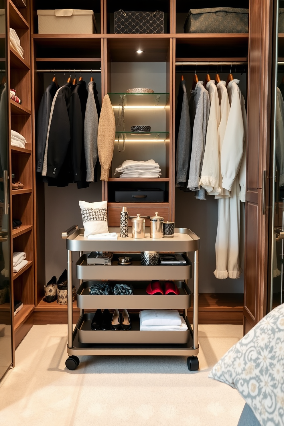 A stylish bedroom closet features a sleek rolling cart that provides mobile storage solutions. The cart is adorned with neatly organized accessories, adding both functionality and elegance to the space. The closet is designed with open shelving and hanging rods, maximizing visibility and accessibility. Soft lighting highlights the carefully curated clothing and shoes, creating a welcoming atmosphere.