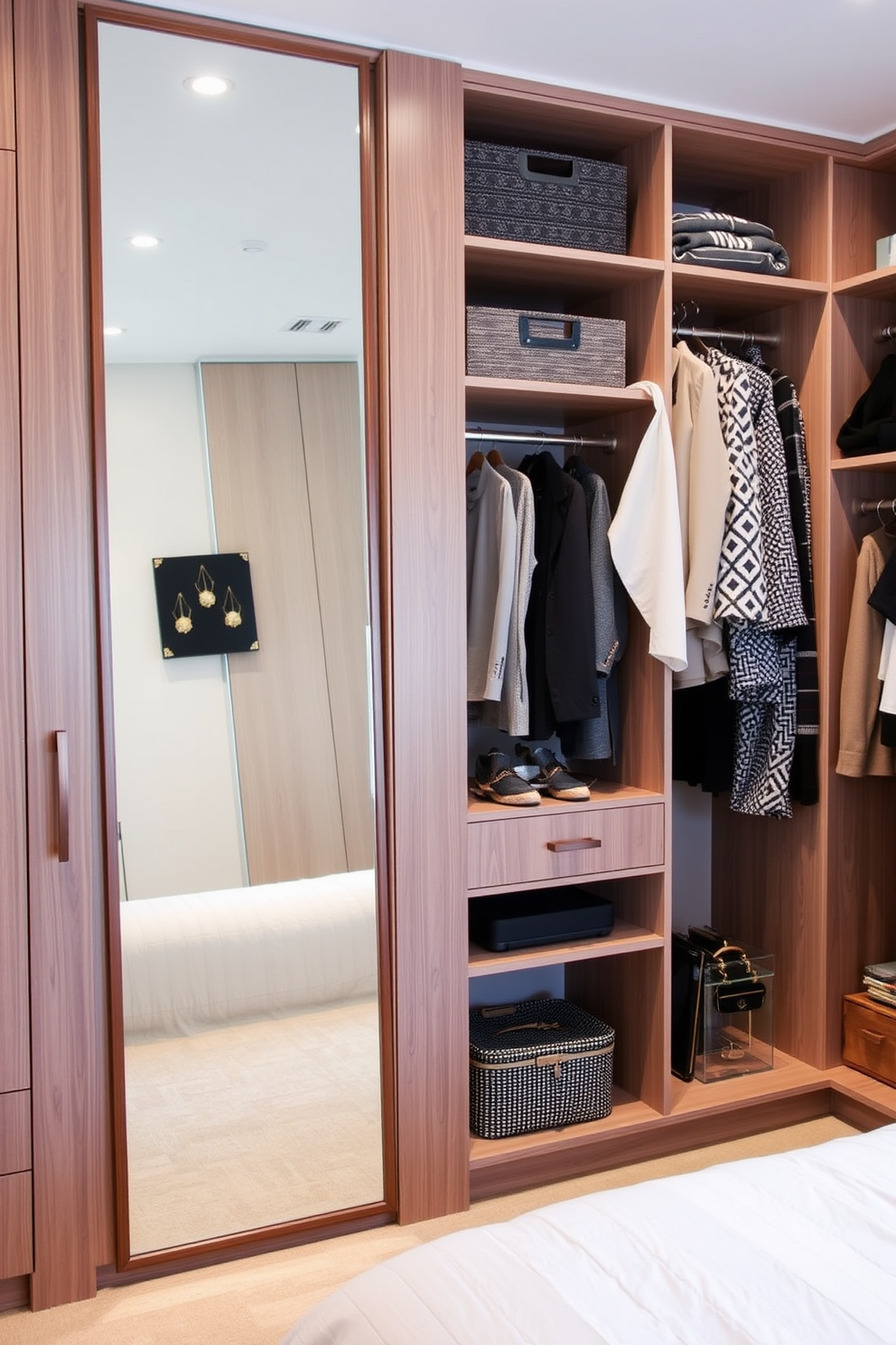 A stylish bedroom closet featuring a full-length mirror integrated into the design. The closet is fitted with custom shelving and hanging space, showcasing an organized collection of clothing and accessories.