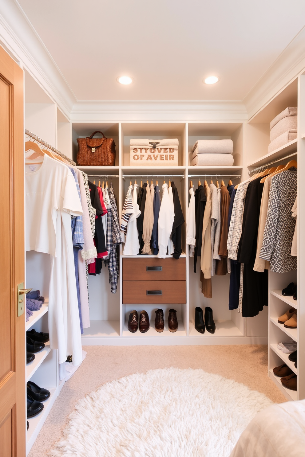 A spacious bedroom closet featuring double hanging rods for clothes. The rods are placed at varying heights to maximize storage and organization, allowing for both long and short garments to be hung efficiently. The closet is designed with built-in shelving for shoes and accessories, providing a neat and stylish appearance. Soft, neutral colors on the walls and a plush area rug enhance the inviting atmosphere of the space.