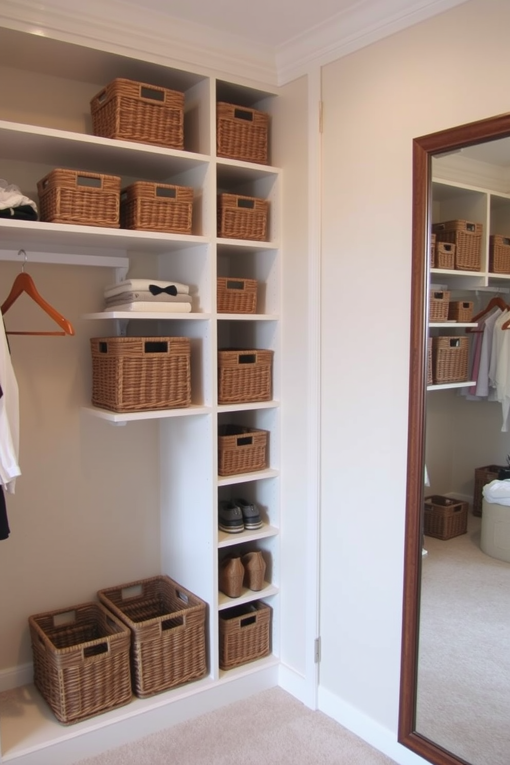 A spacious bedroom closet featuring built-in shelving and hanging space. Woven baskets are neatly arranged on the shelves, providing organized storage for accessories and shoes. The closet walls are painted in a soft beige tone, creating a warm and inviting atmosphere. A full-length mirror is mounted on one side, enhancing the functionality and elegance of the space.