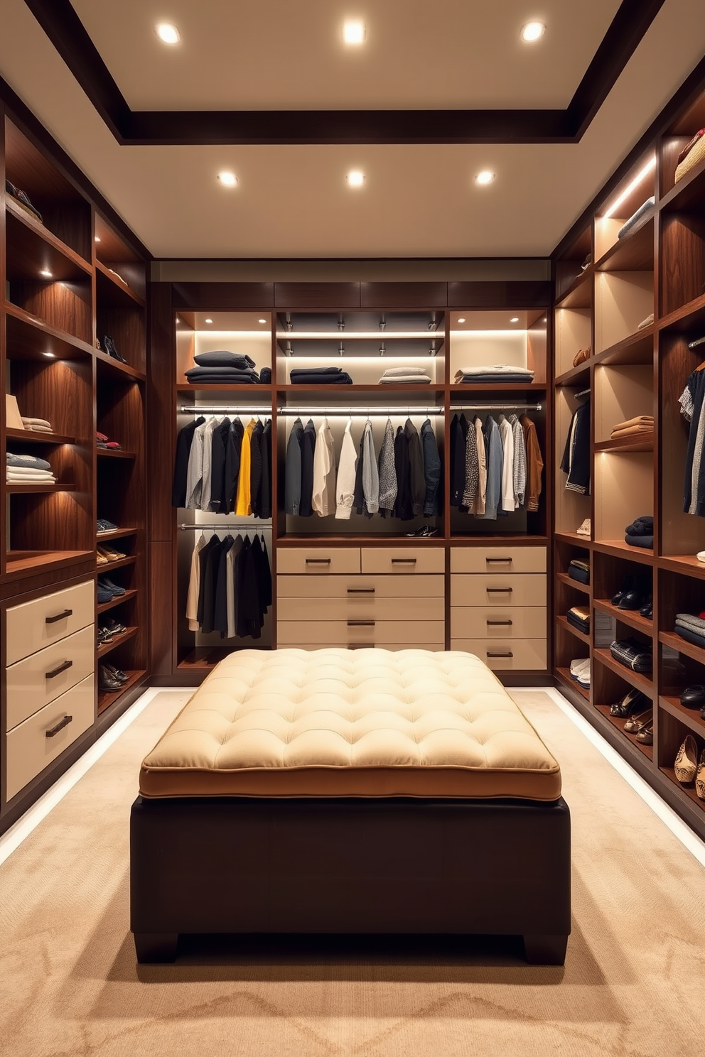 A luxurious bedroom closet featuring built-in lighting that highlights the elegant shelving and hanging spaces. The closet is designed with a mix of dark wood and soft beige finishes, creating a warm and inviting atmosphere. Ample storage is provided through custom cabinetry, with dedicated sections for shoes, accessories, and folded clothes. A plush ottoman sits in the center, enhancing the functionality and comfort of this stylish storage space.