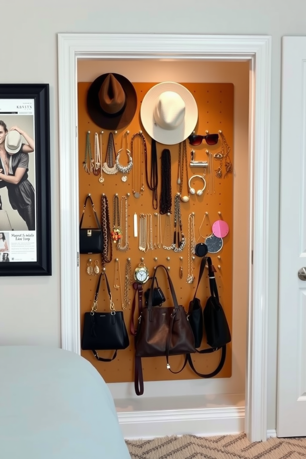 A stylish bedroom closet features a pegboard mounted on the wall for displaying accessories. The pegboard is filled with neatly organized jewelry, hats, and bags, creating an attractive and functional showcase.