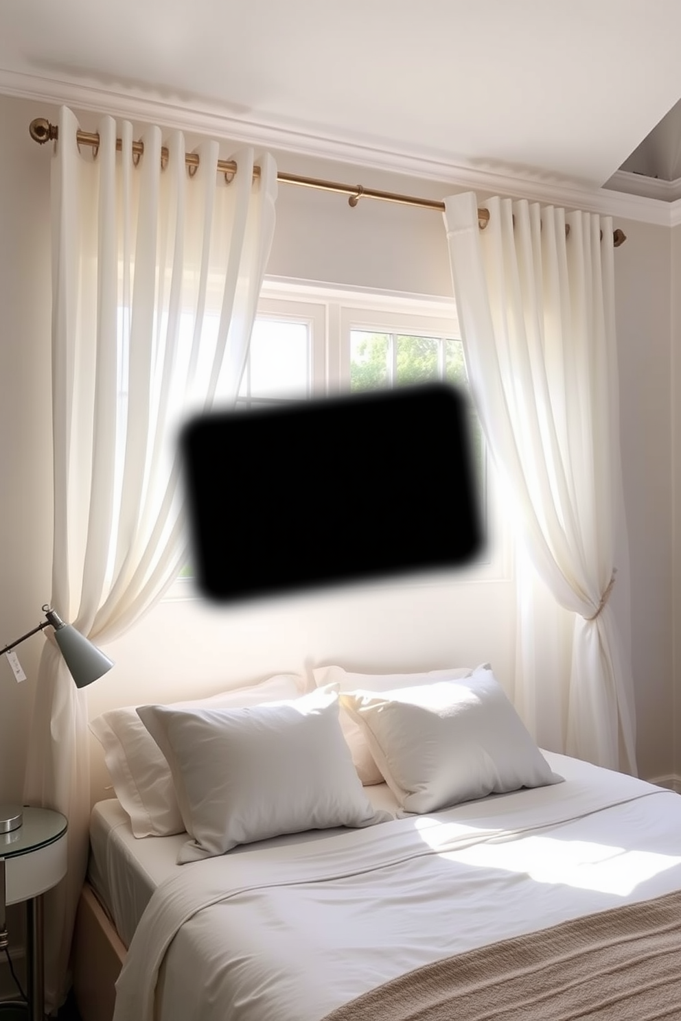 A serene bedroom setting featuring sheer white curtains that gently filter natural light, creating an airy and tranquil atmosphere. The curtains are elegantly draped, framing a large window that overlooks a lush garden, enhancing the room's peaceful ambiance.