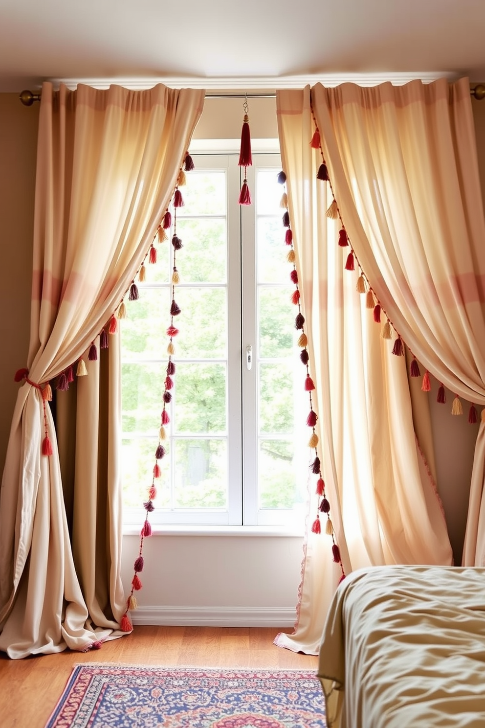 A cozy bedroom filled with bohemian charm features flowing curtains adorned with colorful tassels that cascade elegantly to the floor. The curtains frame a large window, allowing soft natural light to filter through and create a warm and inviting atmosphere.