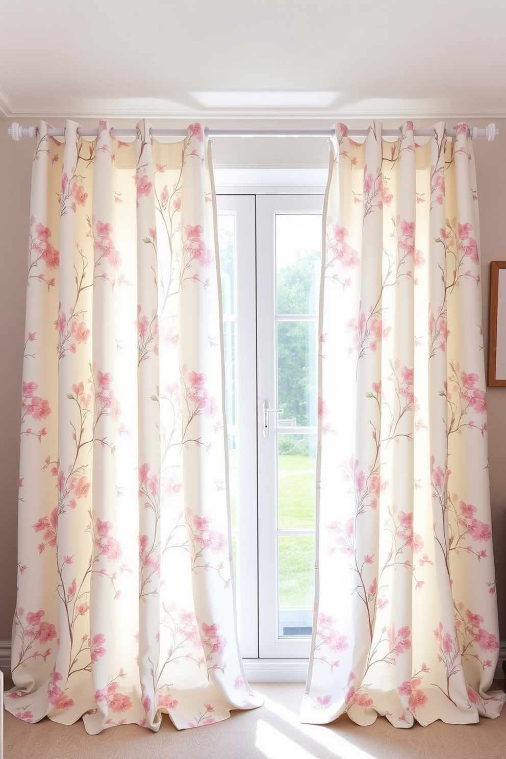 Floral print curtains in soft pastel colors frame a large window, allowing natural light to filter through while adding a touch of elegance. The curtains are paired with a simple white curtain rod, enhancing the fresh and airy feel of the bedroom. The floral pattern features delicate blossoms that complement the room's decor, creating a cohesive and inviting atmosphere. The curtains gently puddle on the floor, adding a sense of luxury and warmth to the overall design.