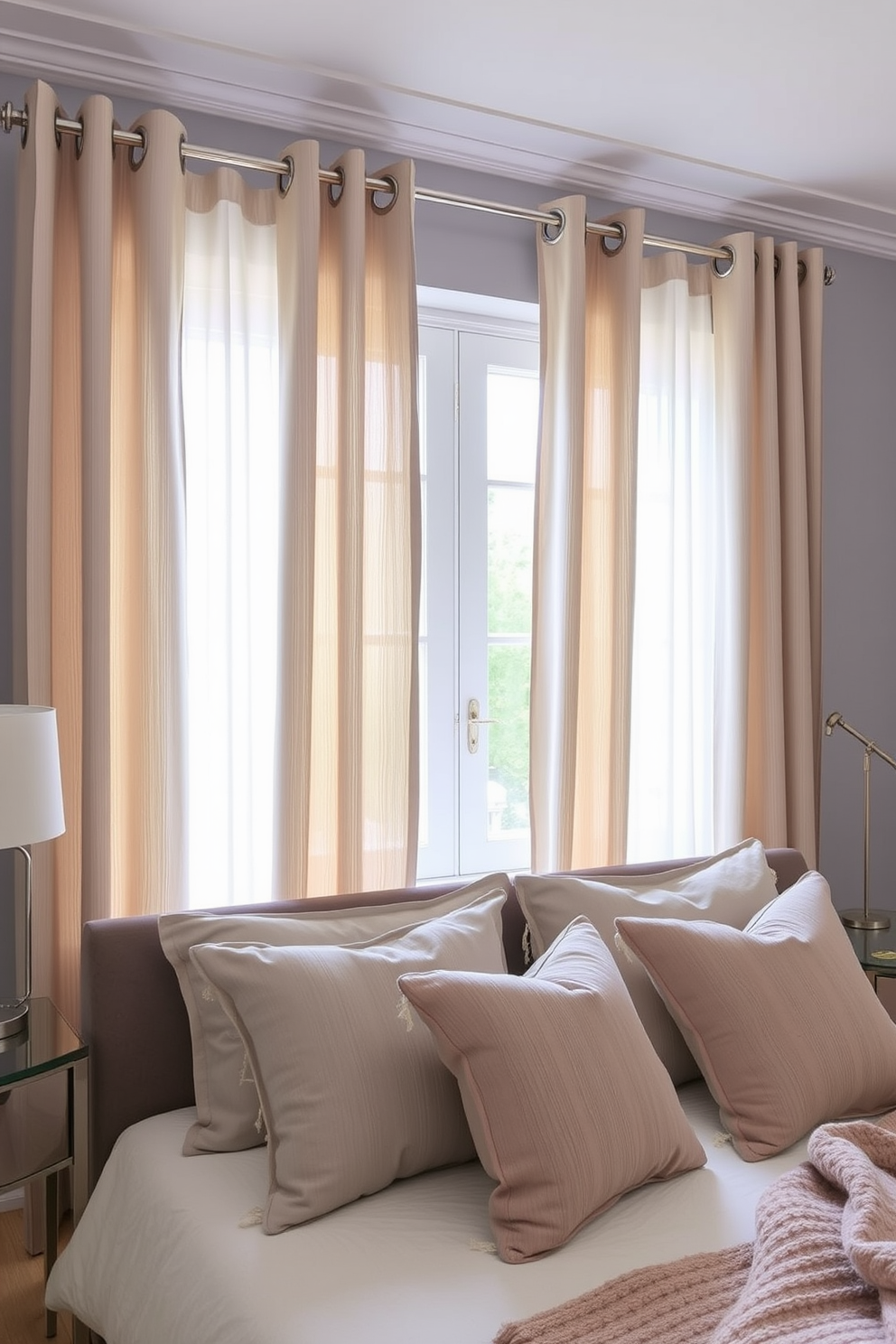 Create a luxurious bedroom atmosphere featuring curtains adorned with elegant tassel trim that adds depth and texture. The curtains should be in a rich fabric, cascading gracefully to the floor, complemented by soft, ambient lighting that enhances the overall warmth of the space.