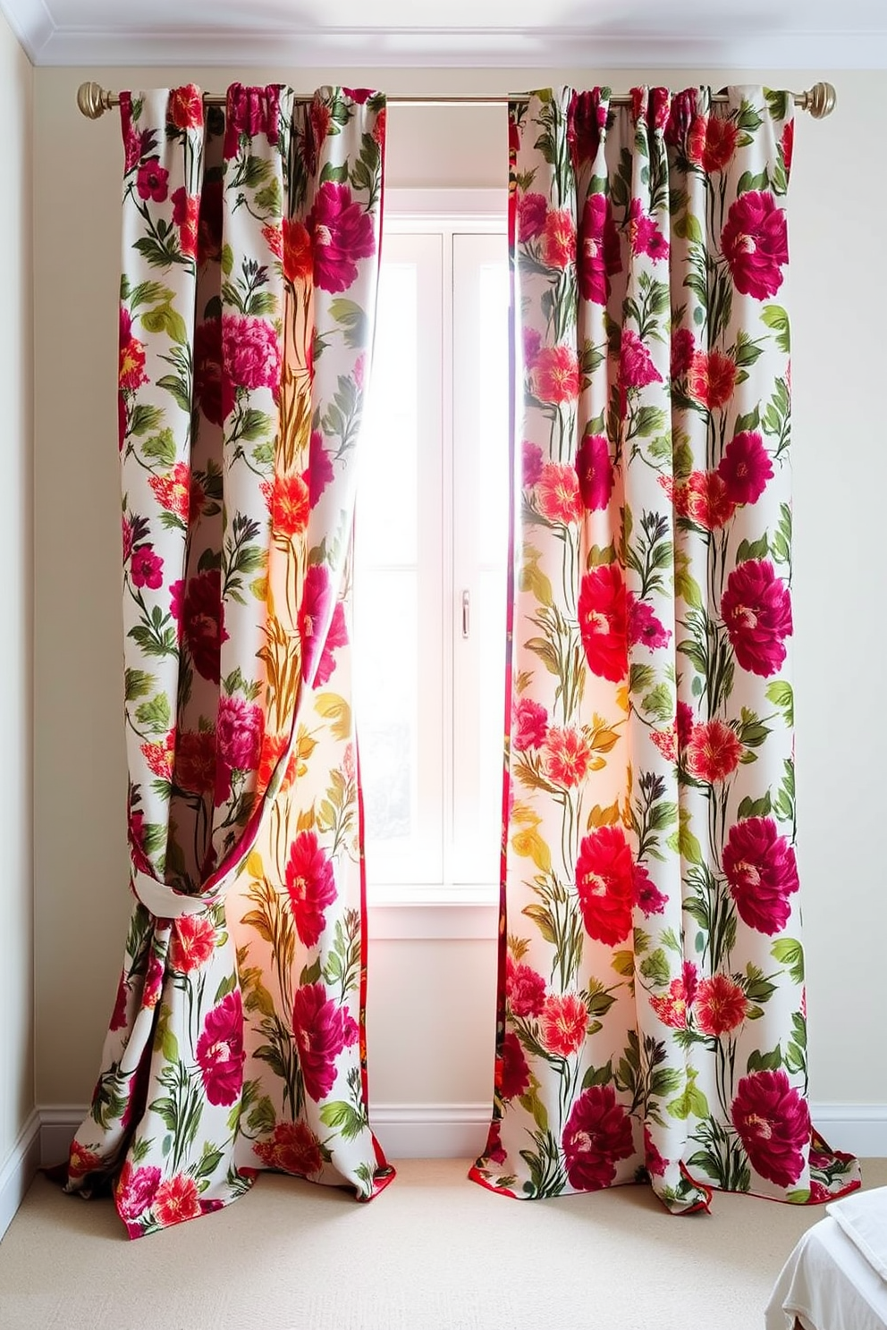 Custom printed curtains adorn the windows, featuring a vibrant floral pattern that complements the bedroom's color scheme. The fabric flows elegantly to the floor, adding a touch of sophistication and warmth to the space. In this bedroom, the curtains are hung on sleek metal rods, enhancing the modern aesthetic. Soft, diffused light filters through the fabric, creating a serene and inviting atmosphere.