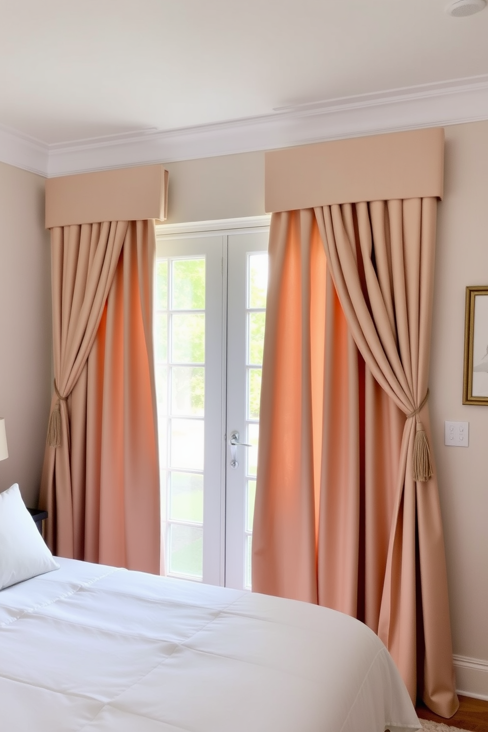 A serene bedroom featuring elegant curtains with tiebacks that enhance the overall decor. The curtains are made of a soft fabric in a soothing color, gracefully framing a large window that lets in natural light. The tiebacks are adorned with decorative tassels, adding a touch of sophistication. The bedding complements the curtains, creating a cohesive and inviting atmosphere in the room.